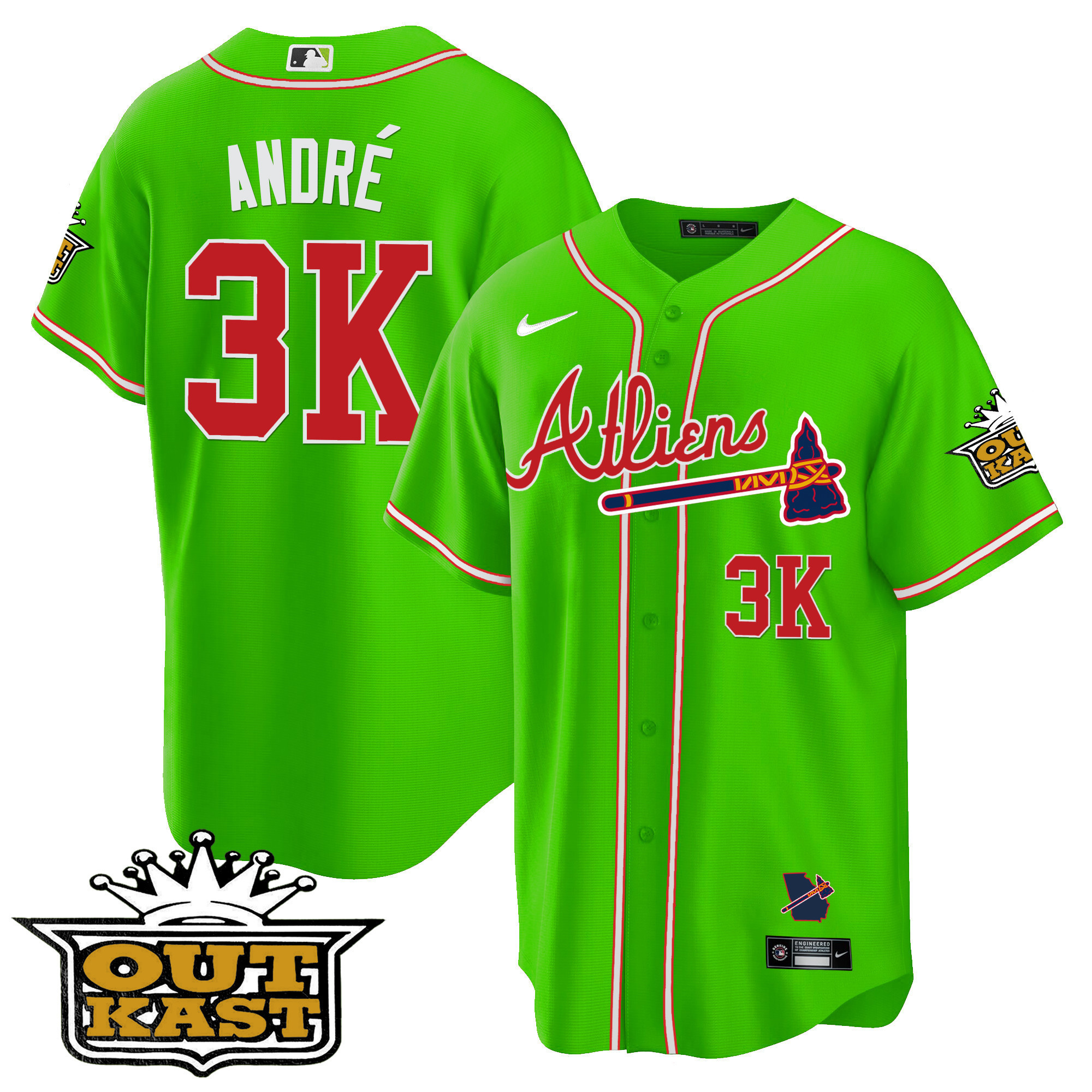 André Men's Atlanta Braves Atliens Cool Base Bright Green Jersey - All Stitched