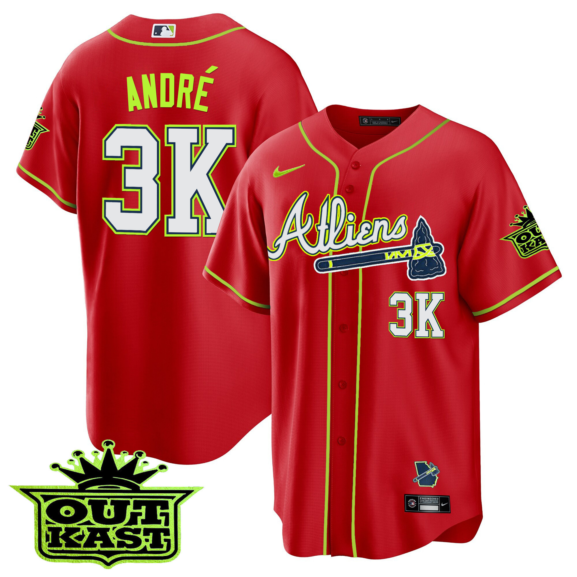 André Men's Atlanta Braves Atliens Cool Base Red Jersey - All Stitched