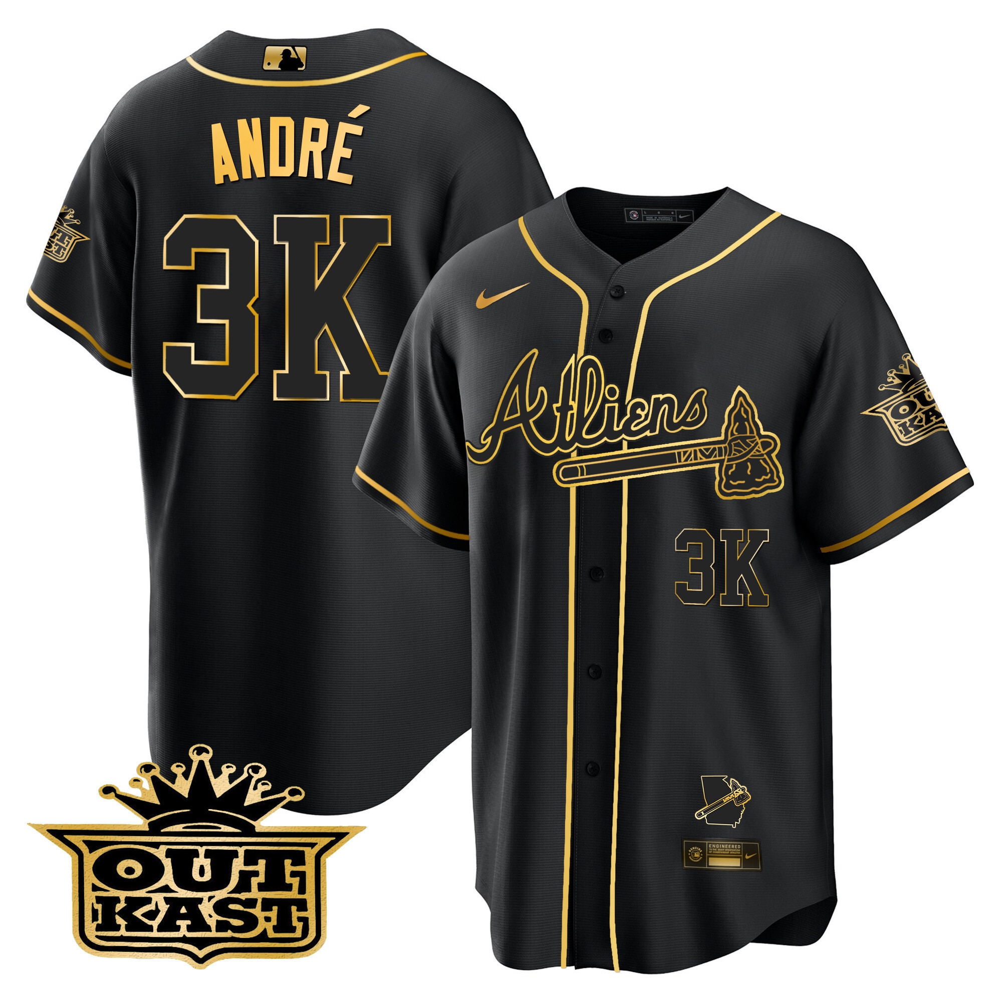 André Men's Atlanta Braves Atliens Cool Base V2 Black Gold Jersey - All Stitched