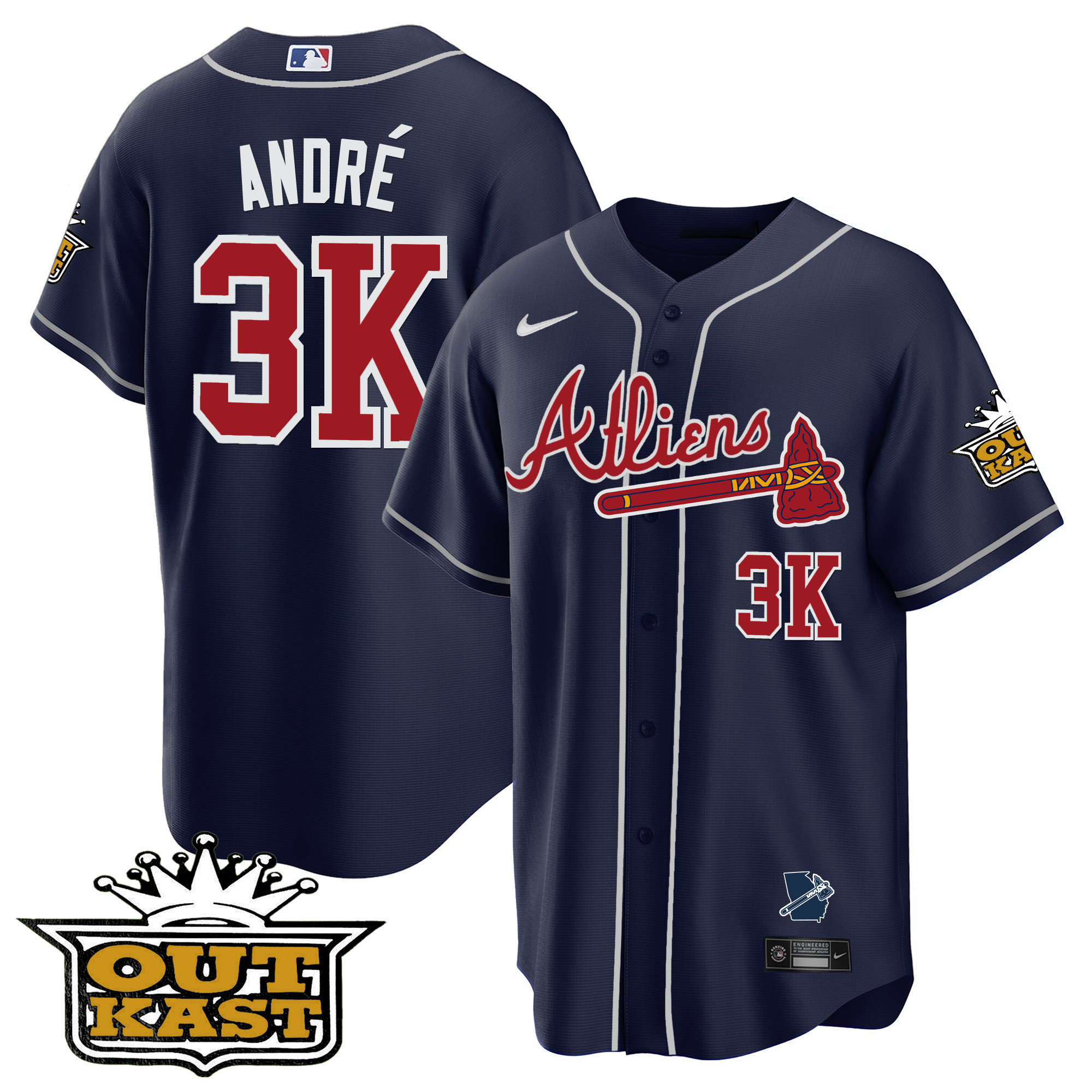 André Men's Atlanta Braves Atliens Cool Base V2 Navy Jersey - All Stitched