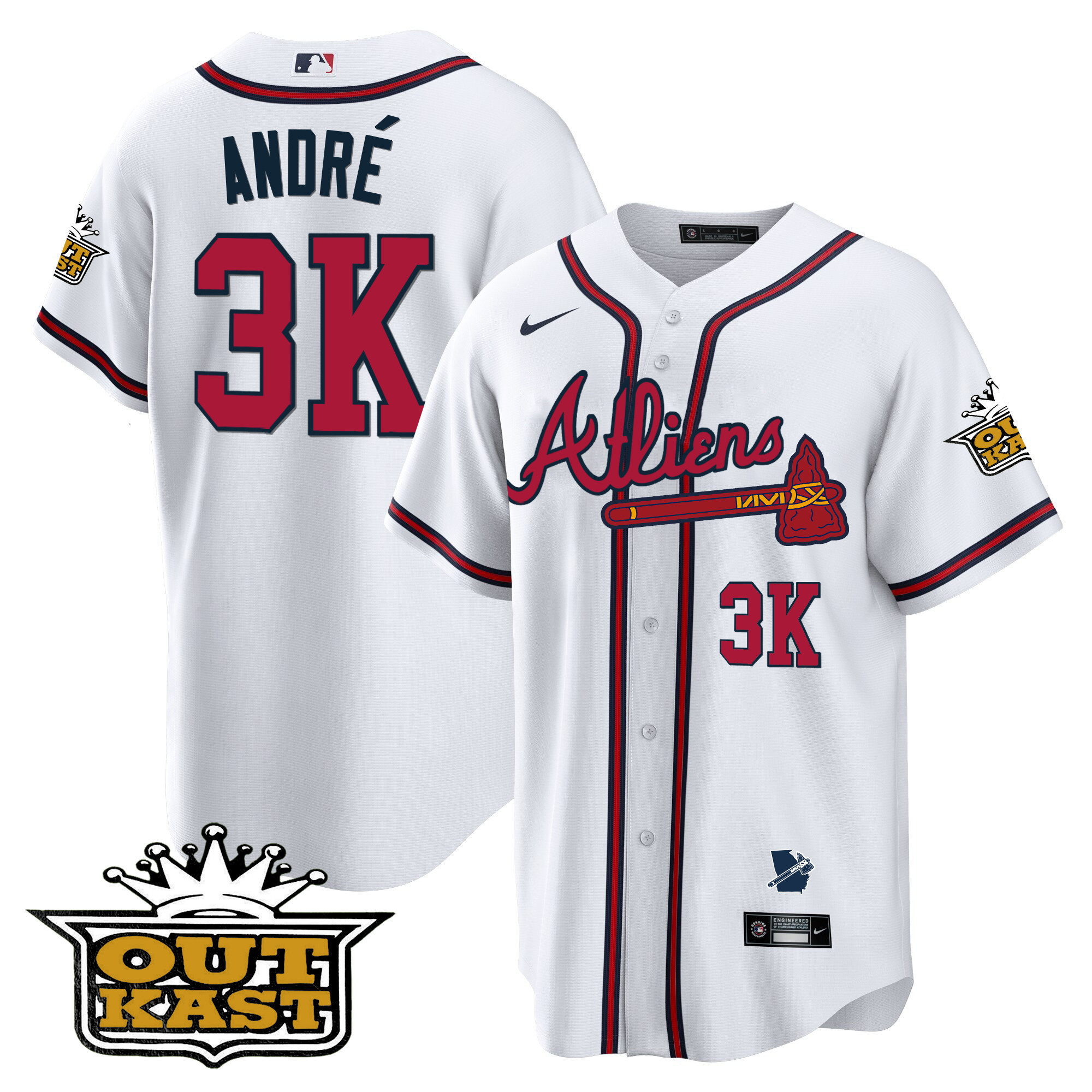 André Men's Atlanta Braves Atliens Cool Base V2 White Jersey - All Stitched