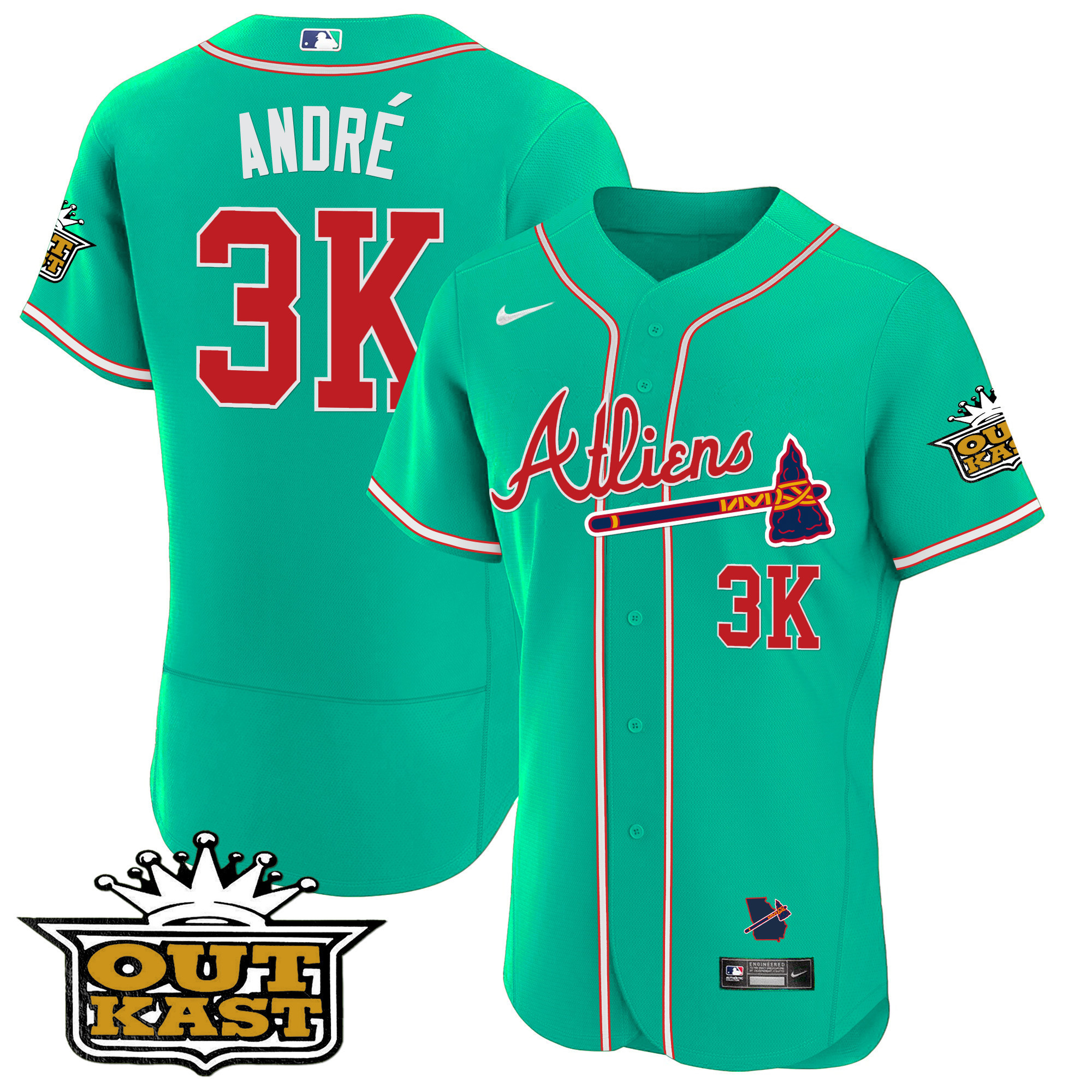 André Men's Atlanta Braves Atliens Flex Base - Galaxy Version Cyan Jersey - All Stitched