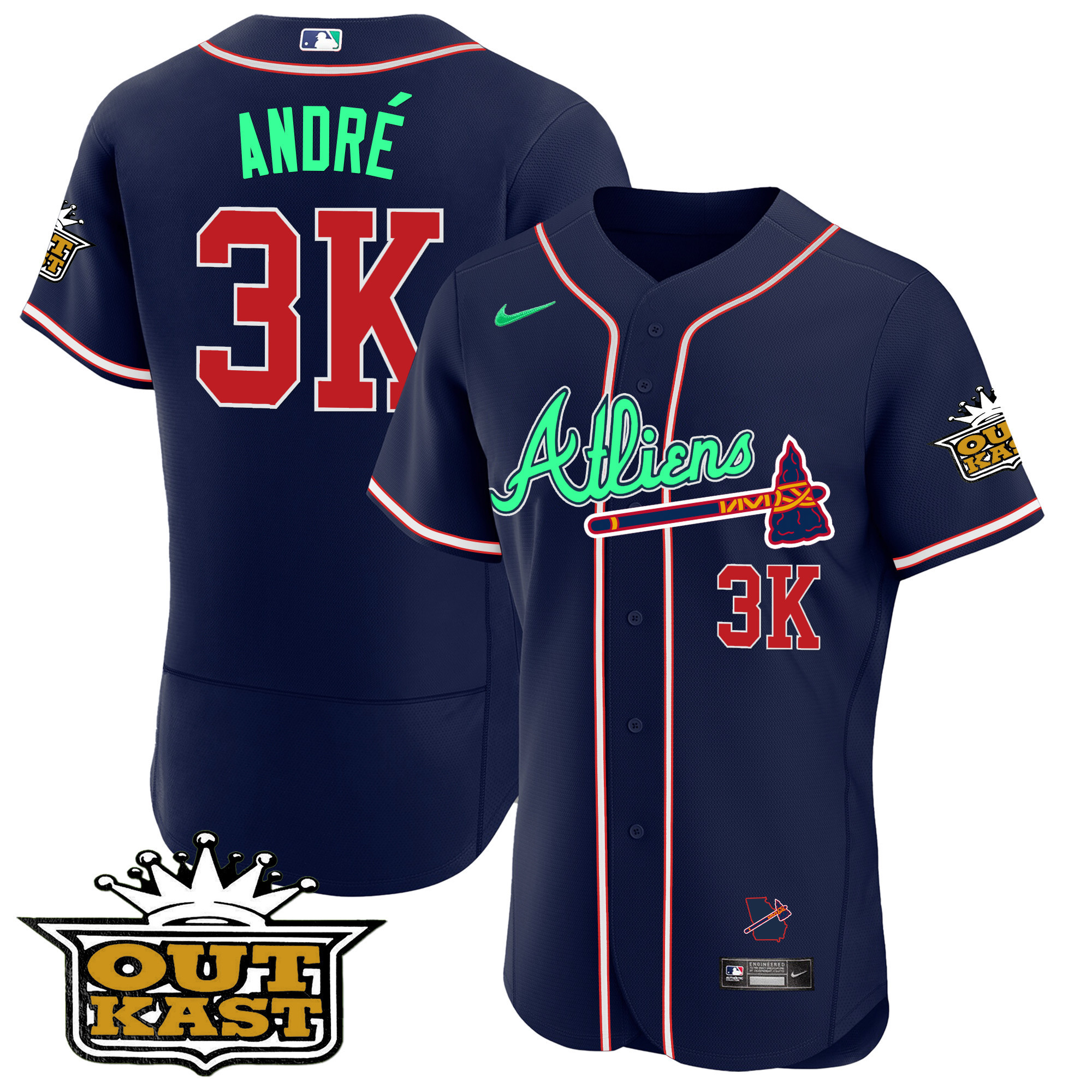 André Men's Atlanta Braves Atliens Flex Base - Galaxy Version Navy Jersey - All Stitched