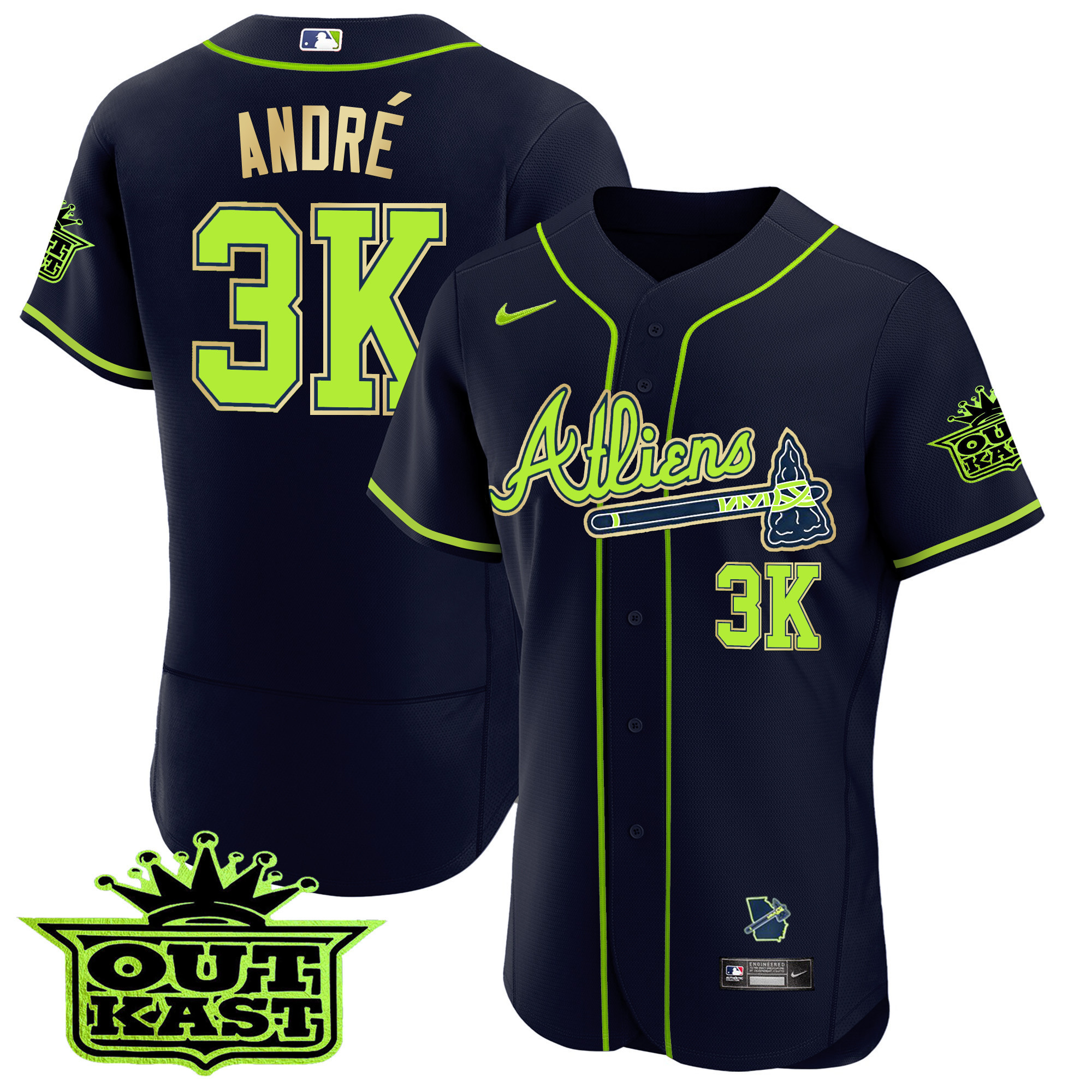 André Men's Atlanta Braves Atliens Flex Base Gold Trim Jersey - All Stitched