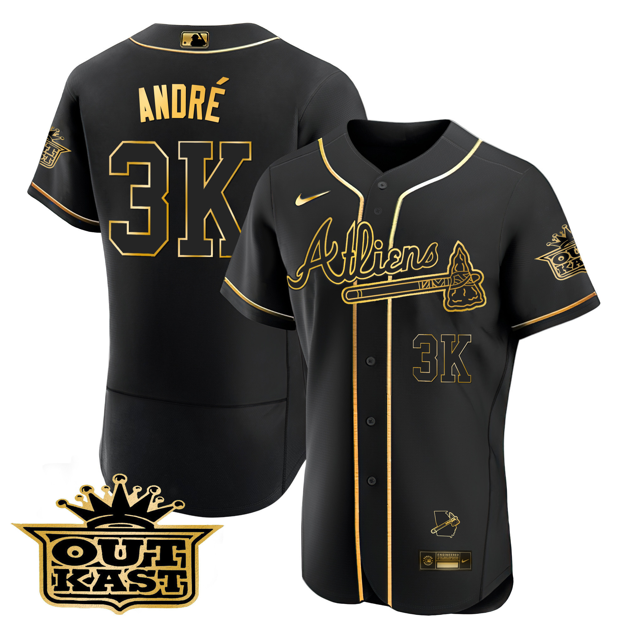 André Men's Atlanta Braves Atliens Flex Base V2 Black Gold Jersey - All Stitched