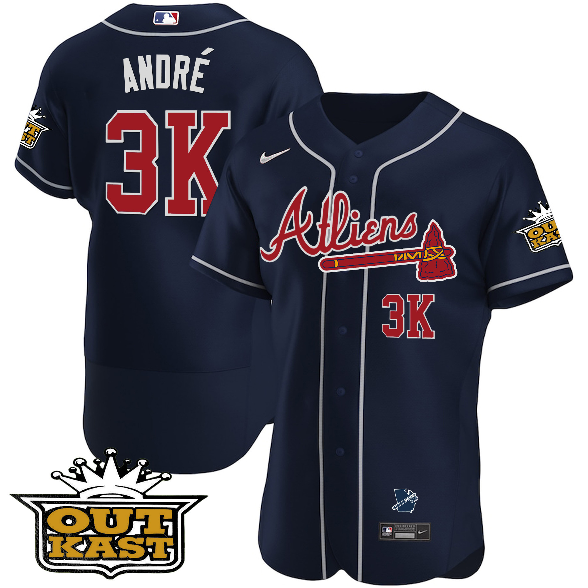 André Men's Atlanta Braves Atliens Flex Base V2 Navy Jersey - All Stitched