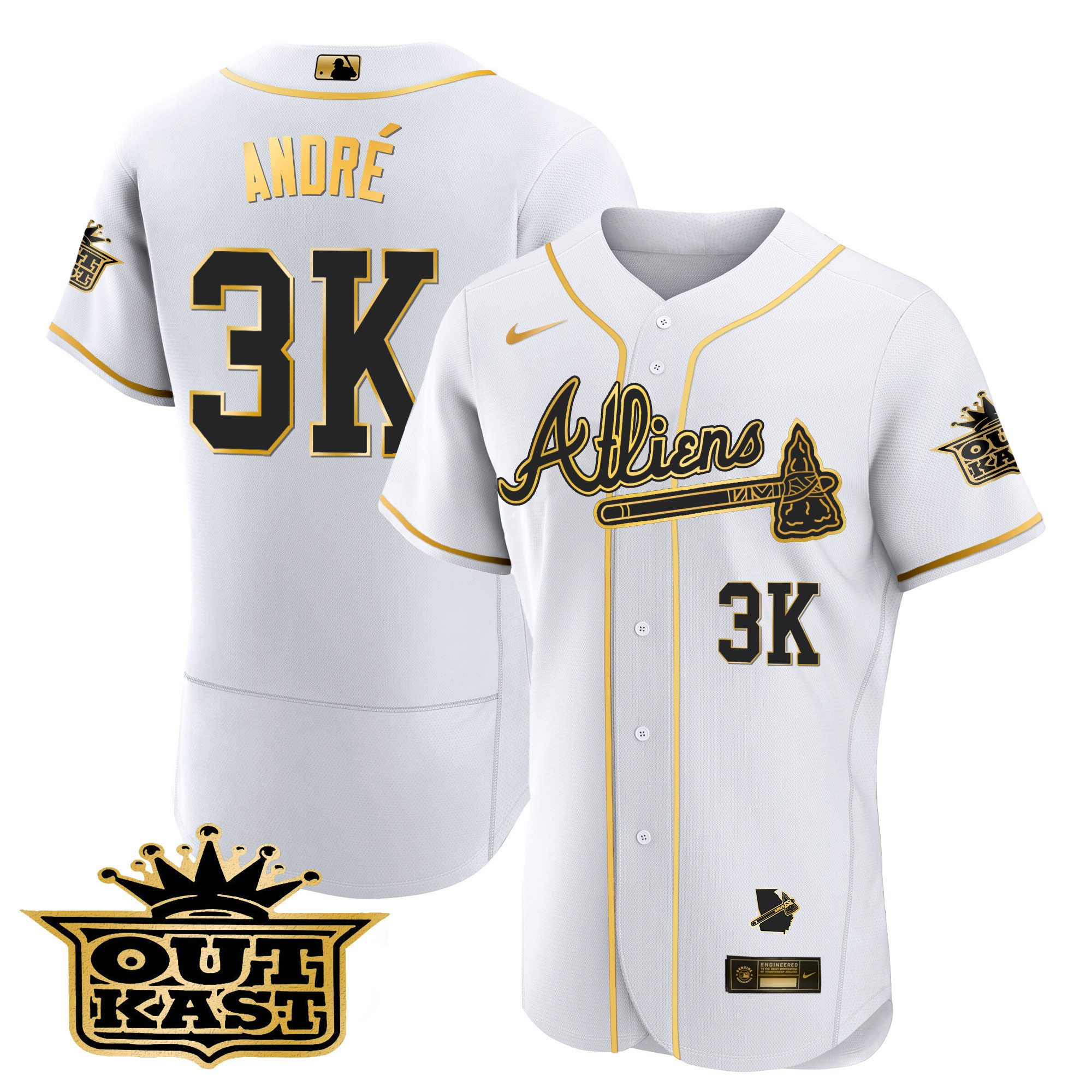 André Men's Atlanta Braves Atliens Flex Base V2 White Gold Jersey - All Stitched