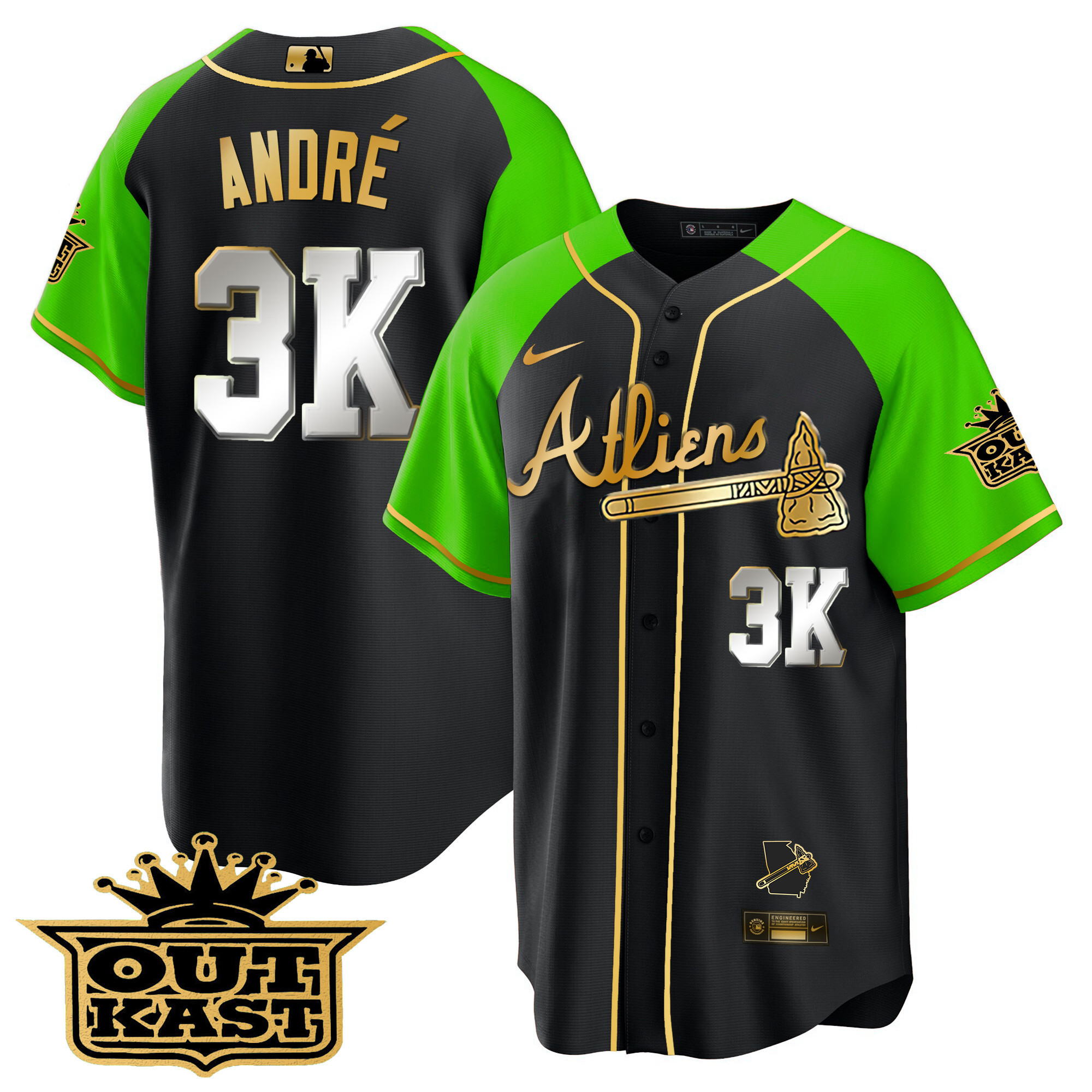 André Men's Atlanta Braves Atliens Gold Alternate Cool Base Black Bright Green Jersey - All Stitched