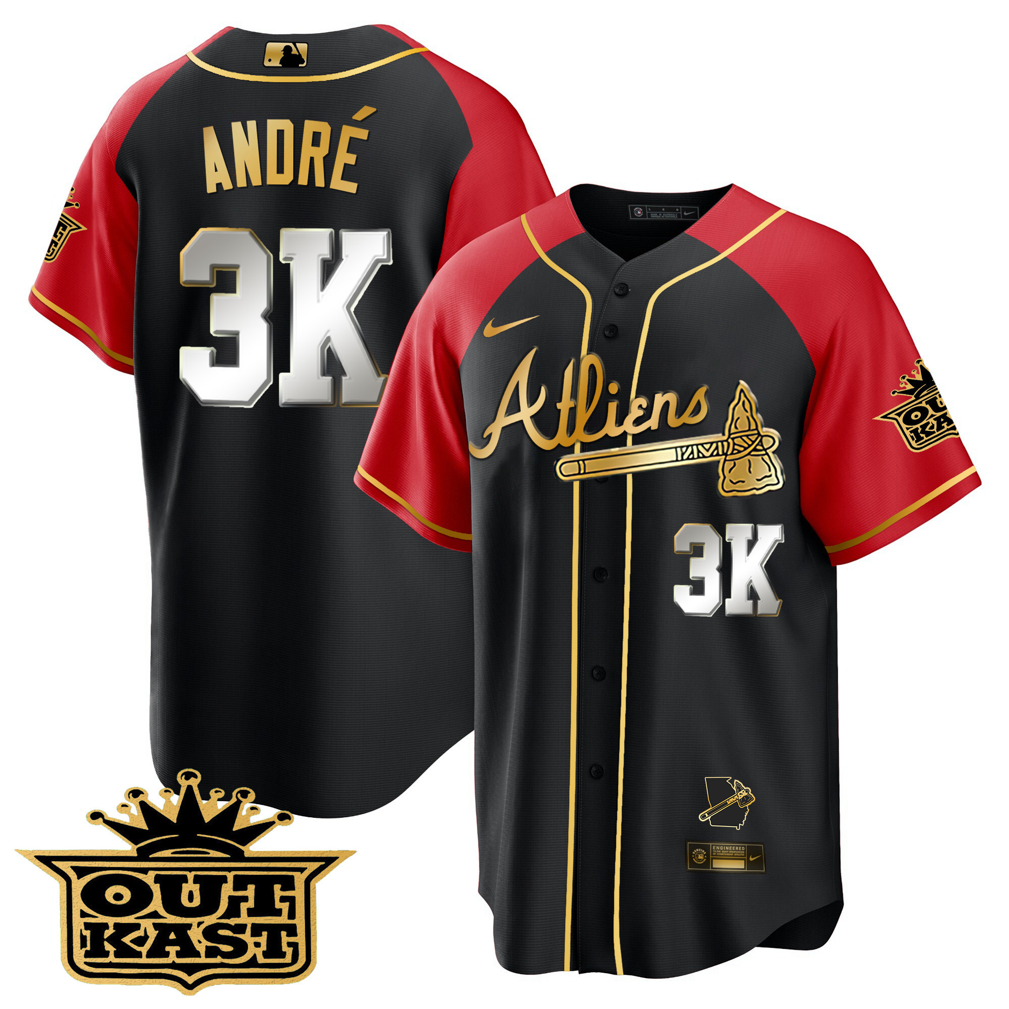 André Men's Atlanta Braves Atliens Gold Alternate Cool Base Black Red Jersey - All Stitched