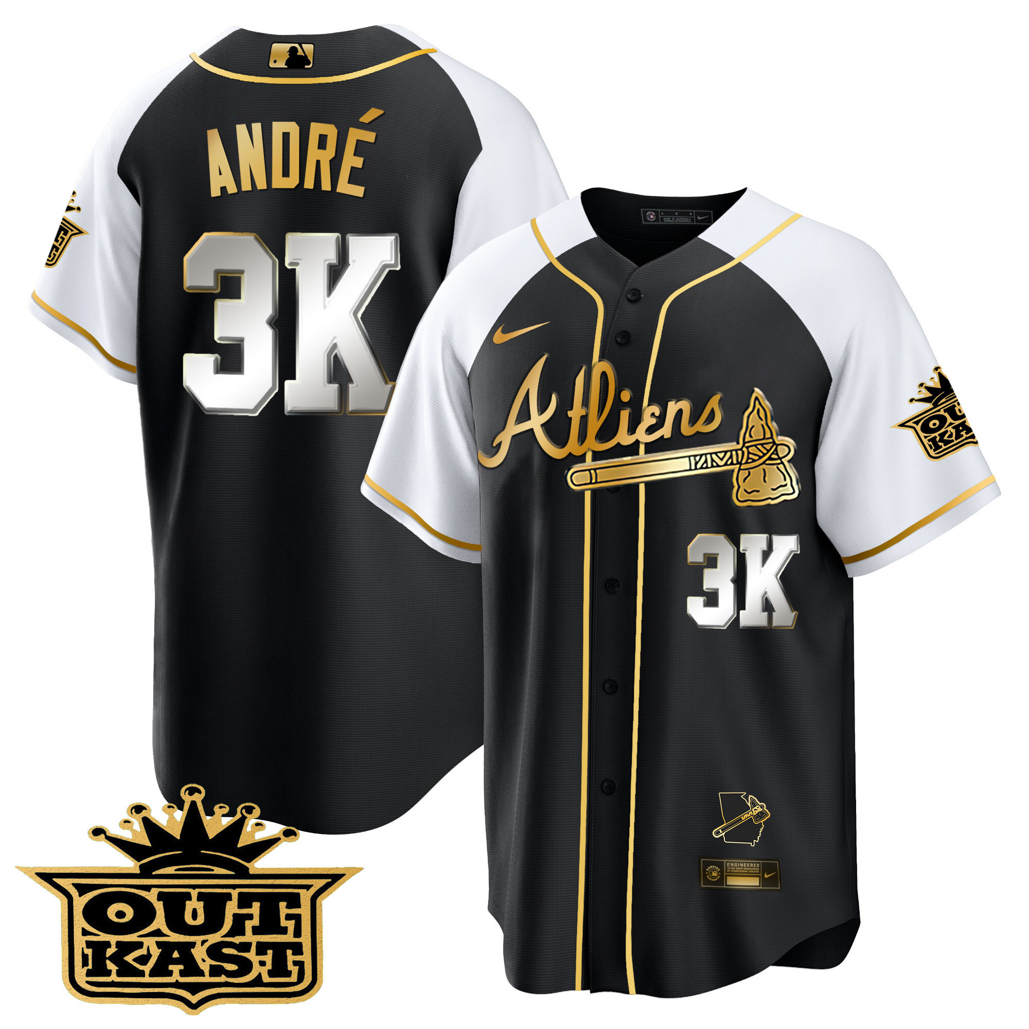 André Men's Atlanta Braves Atliens Gold Alternate Cool Base Black White Jersey - All Stitched