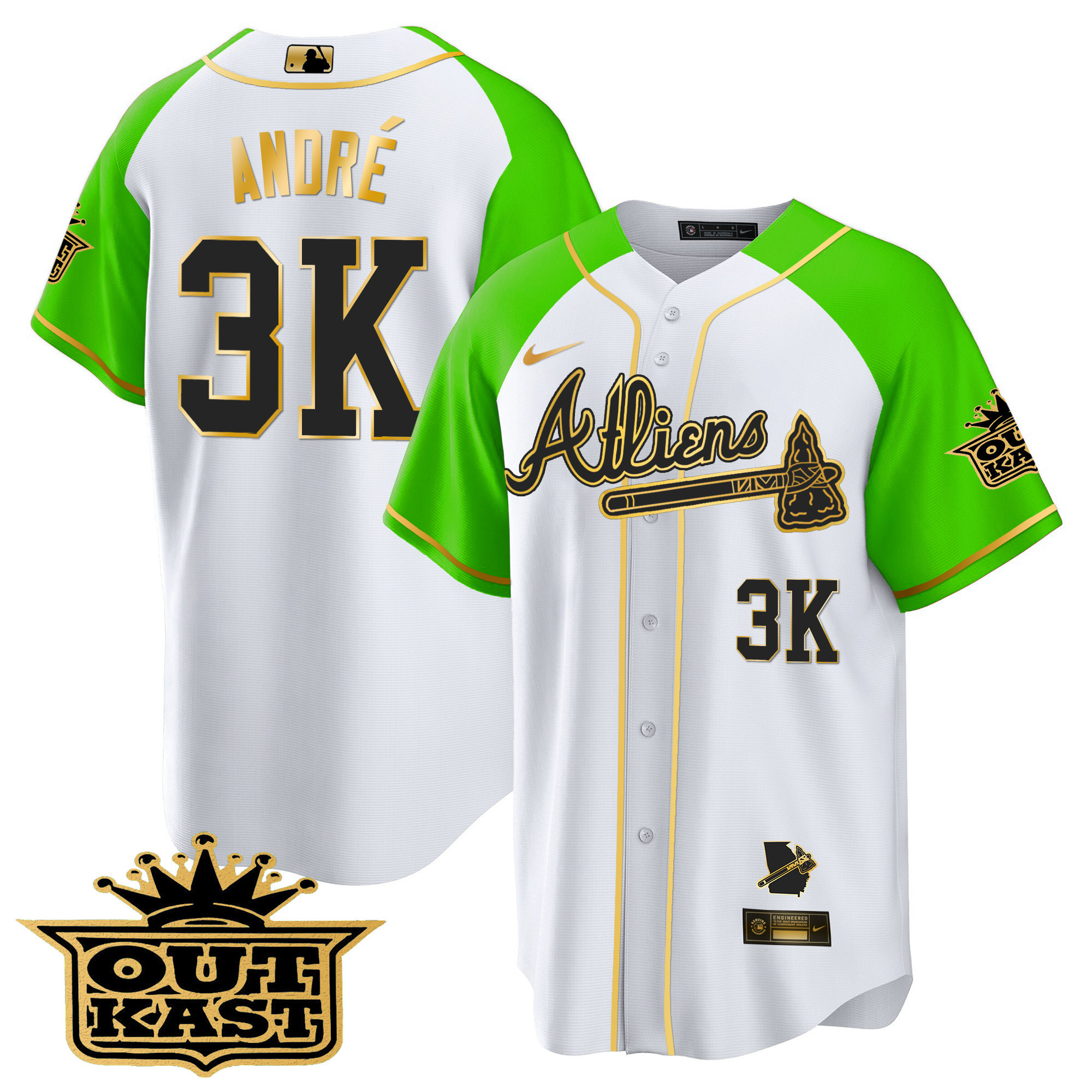 André Men's Atlanta Braves Atliens Gold Alternate Cool Base White Bright Green Jersey - All Stitched
