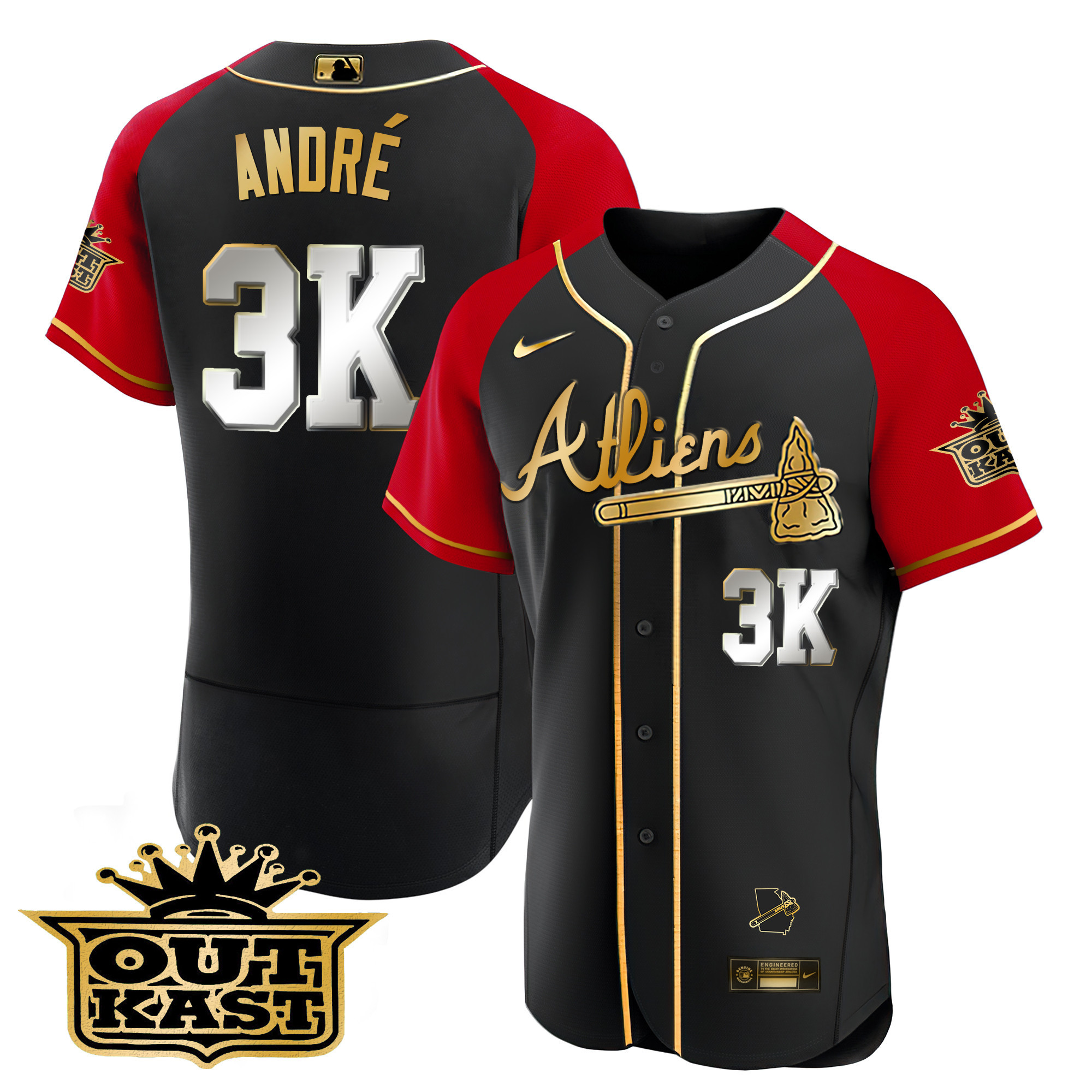 André Men's Atlanta Braves Atliens Gold Alternate Flex Base Black Red Jersey - All Stitched