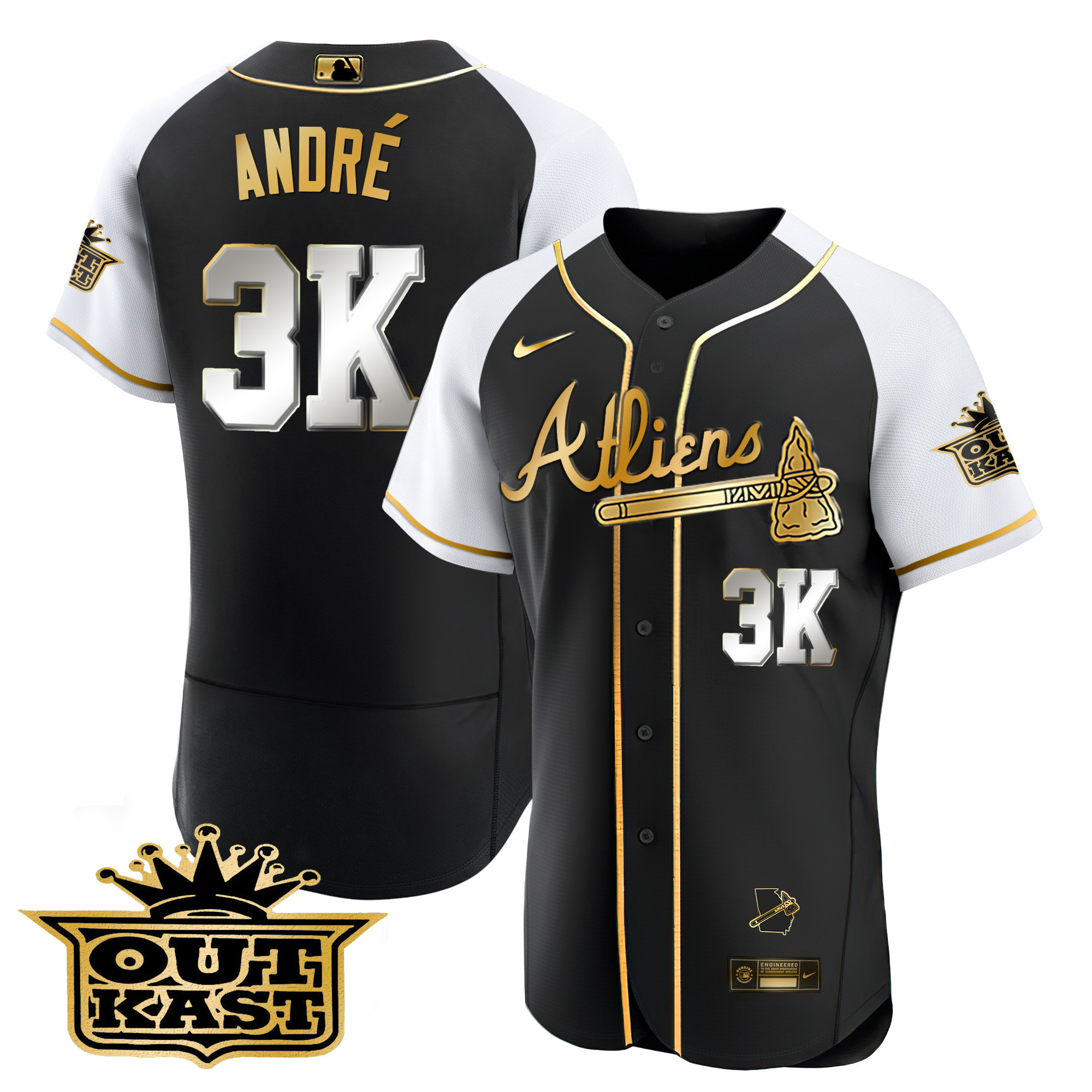 André Men's Atlanta Braves Atliens Gold Alternate Flex Base Black White Jersey - All Stitched