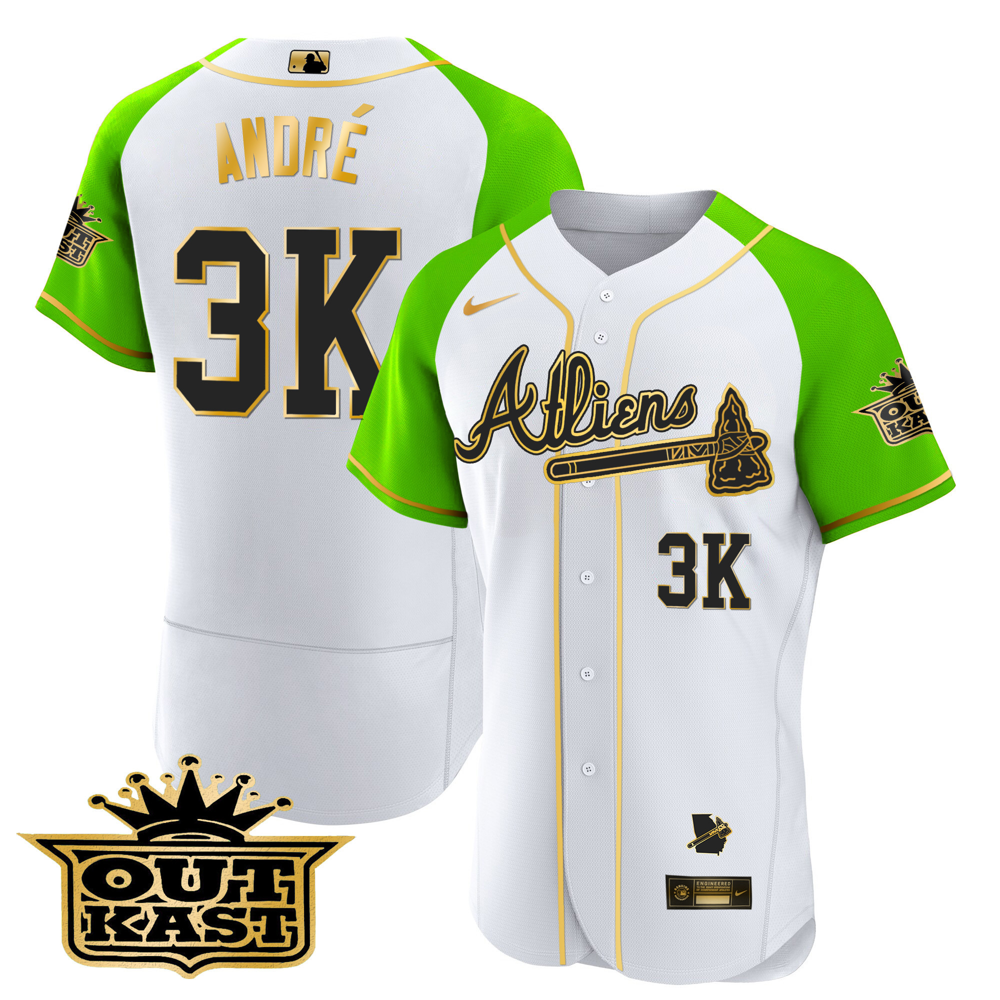 André Men's Atlanta Braves Atliens Gold Alternate Flex Base White Bright Green Jersey - All Stitched