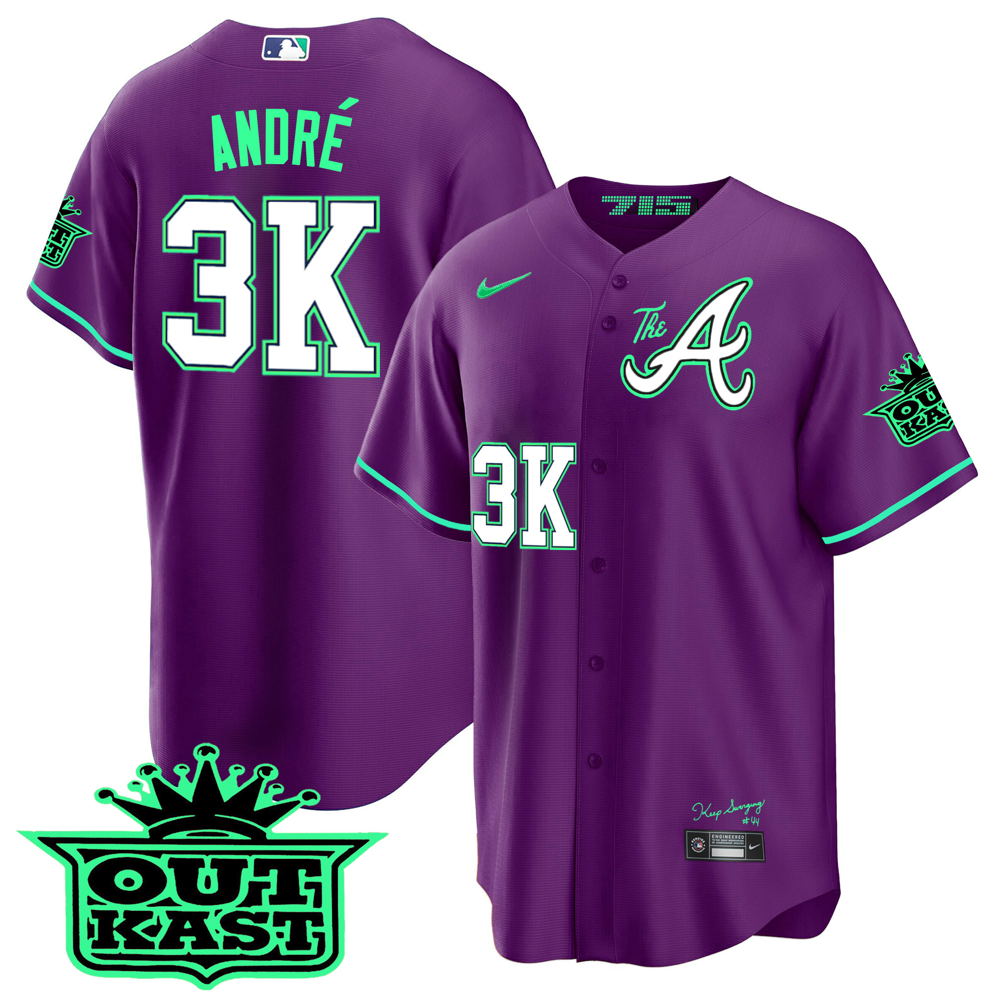 André Men's Atlanta Braves Atliens The A Cool Base - Galaxy Version Purple Jersey - All Stitched