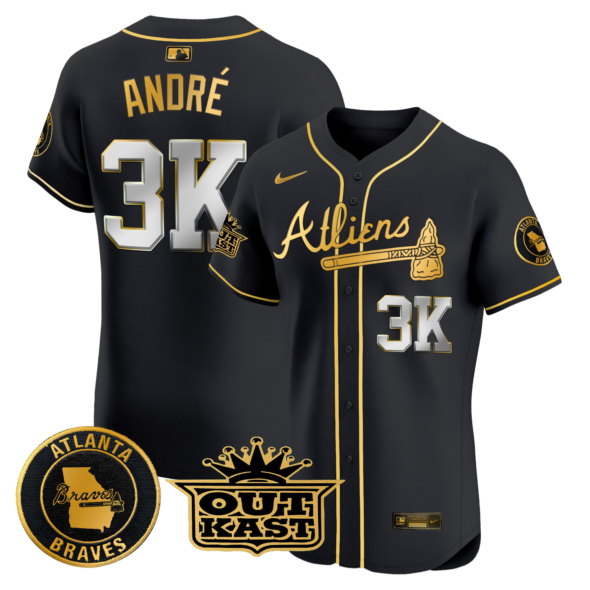 André Men's Atlanta Braves Atliens Vapor Premier Elite Black Gold Jersey - All Stitched