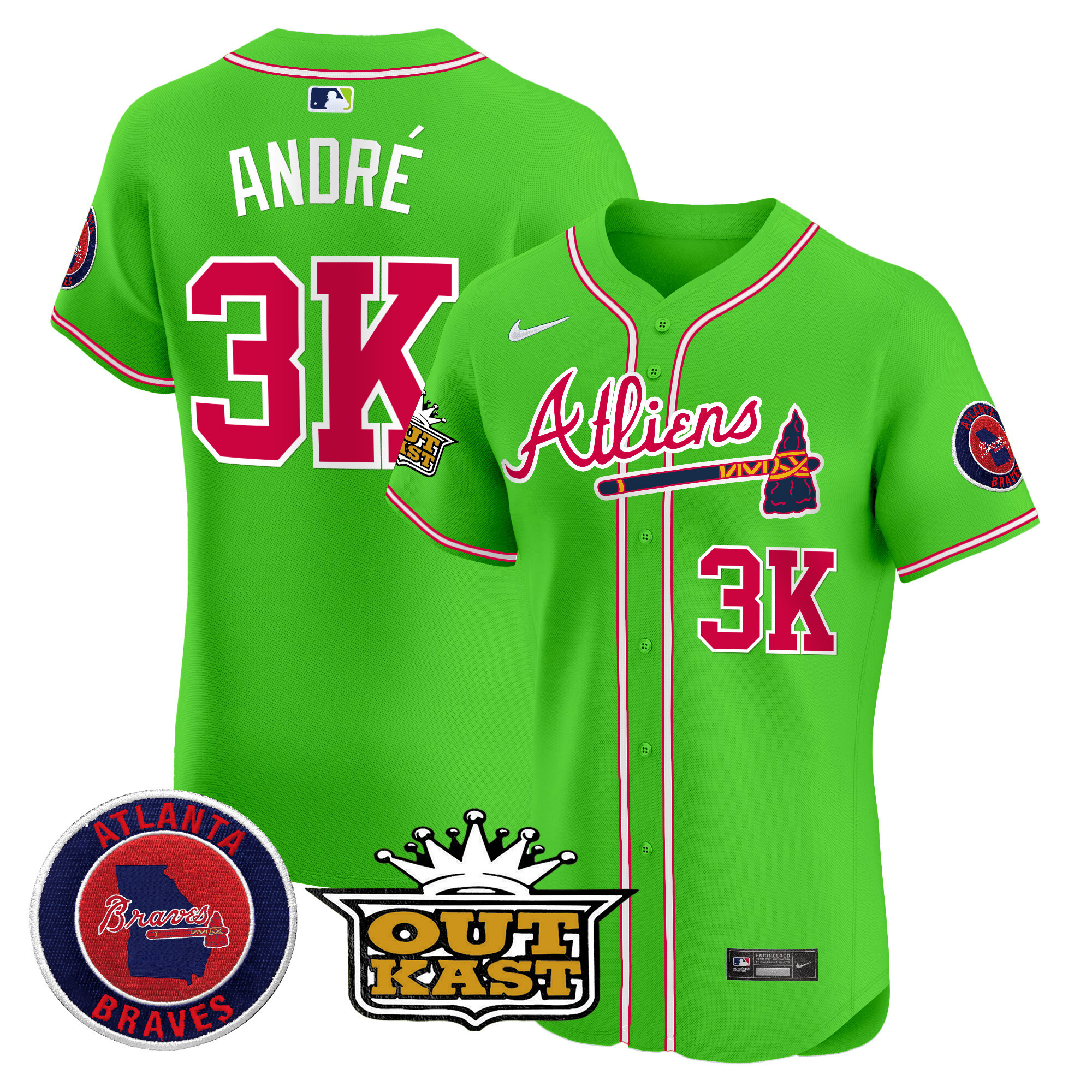 André Men's Atlanta Braves Atliens Vapor Premier Elite Bright Green Jersey - All Stitched