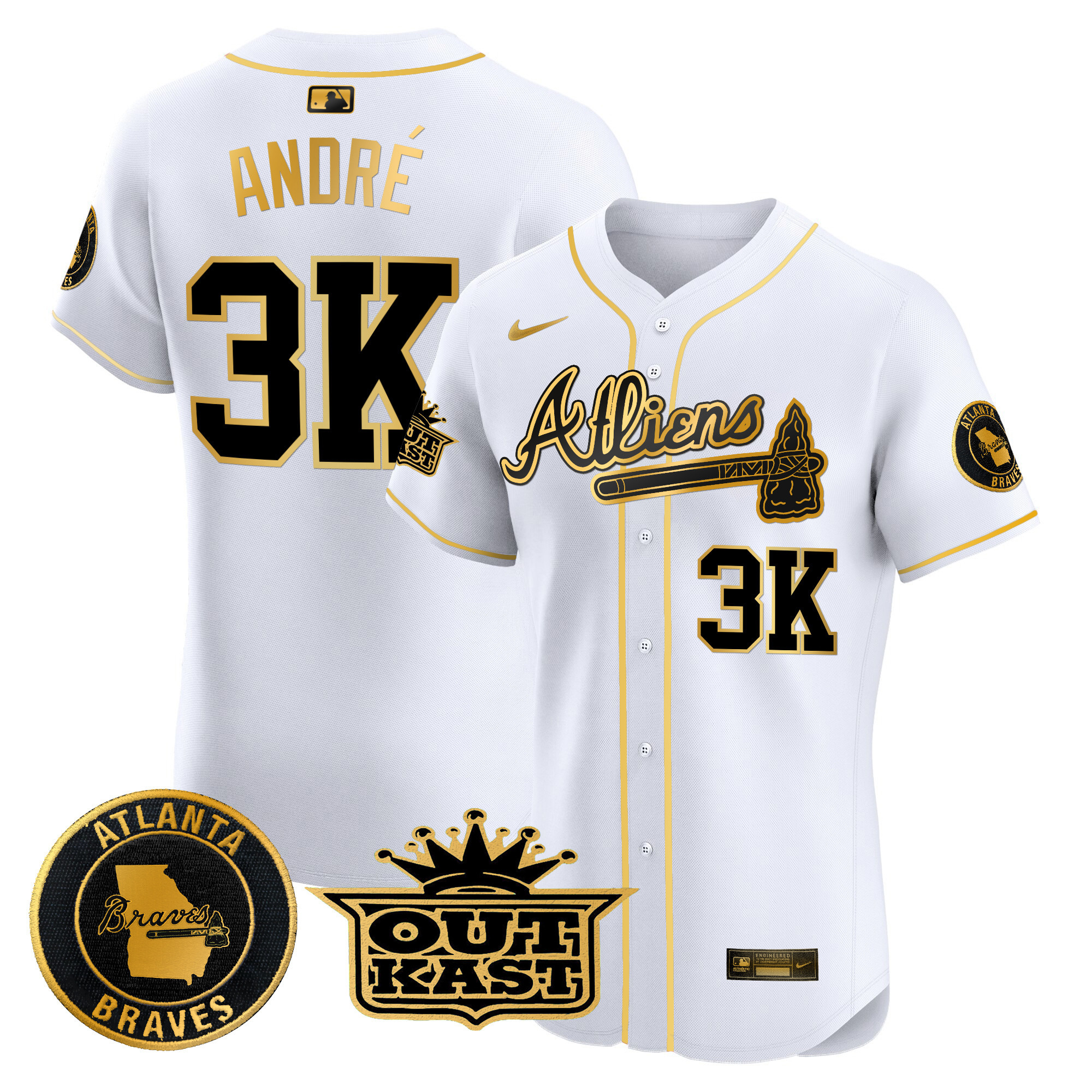 André Men's Atlanta Braves Atliens Vapor Premier Elite White Gold Jersey - All Stitched