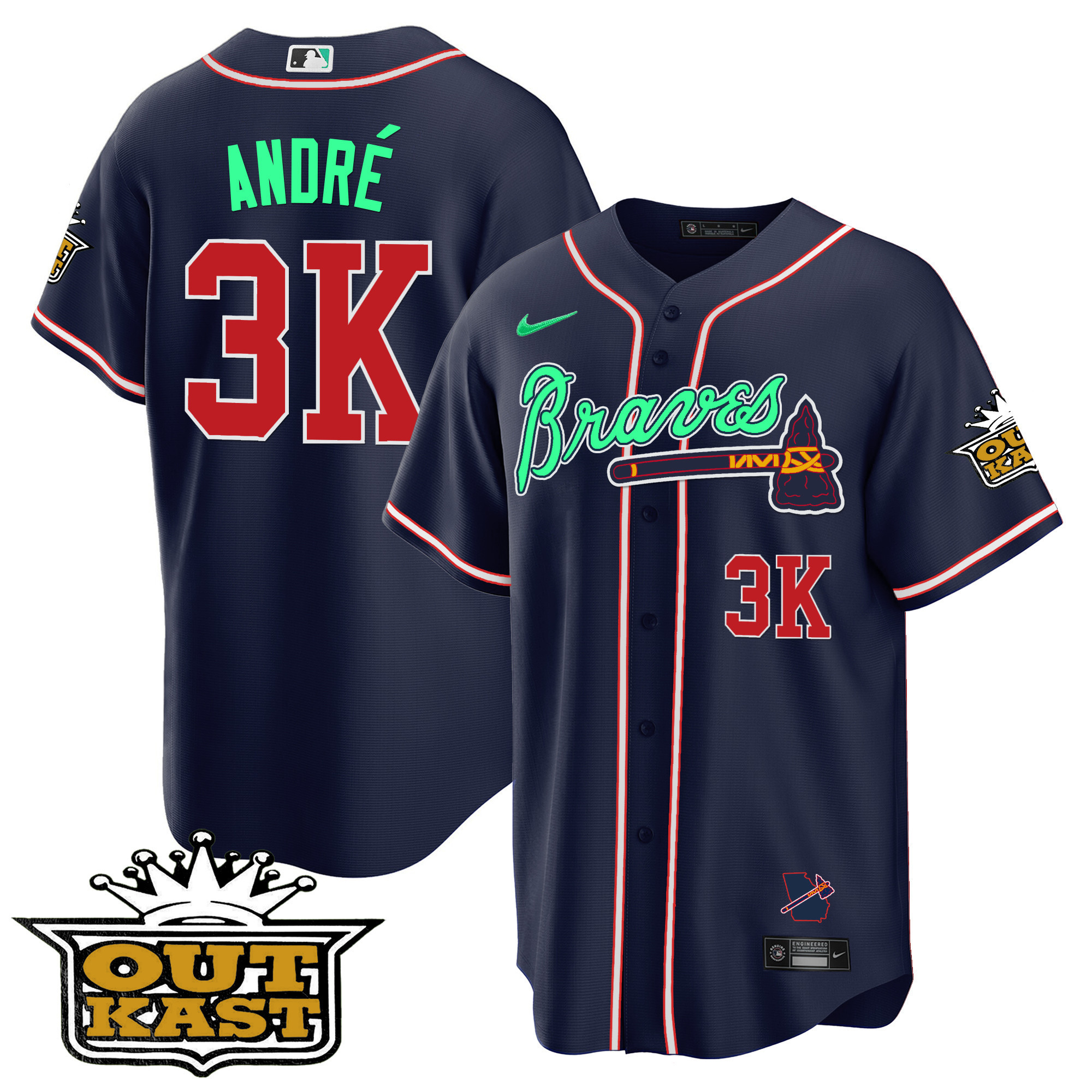 André Men's Atlanta Braves Outkast Cool Base - Galaxy Version Navy Jersey - All Stitched