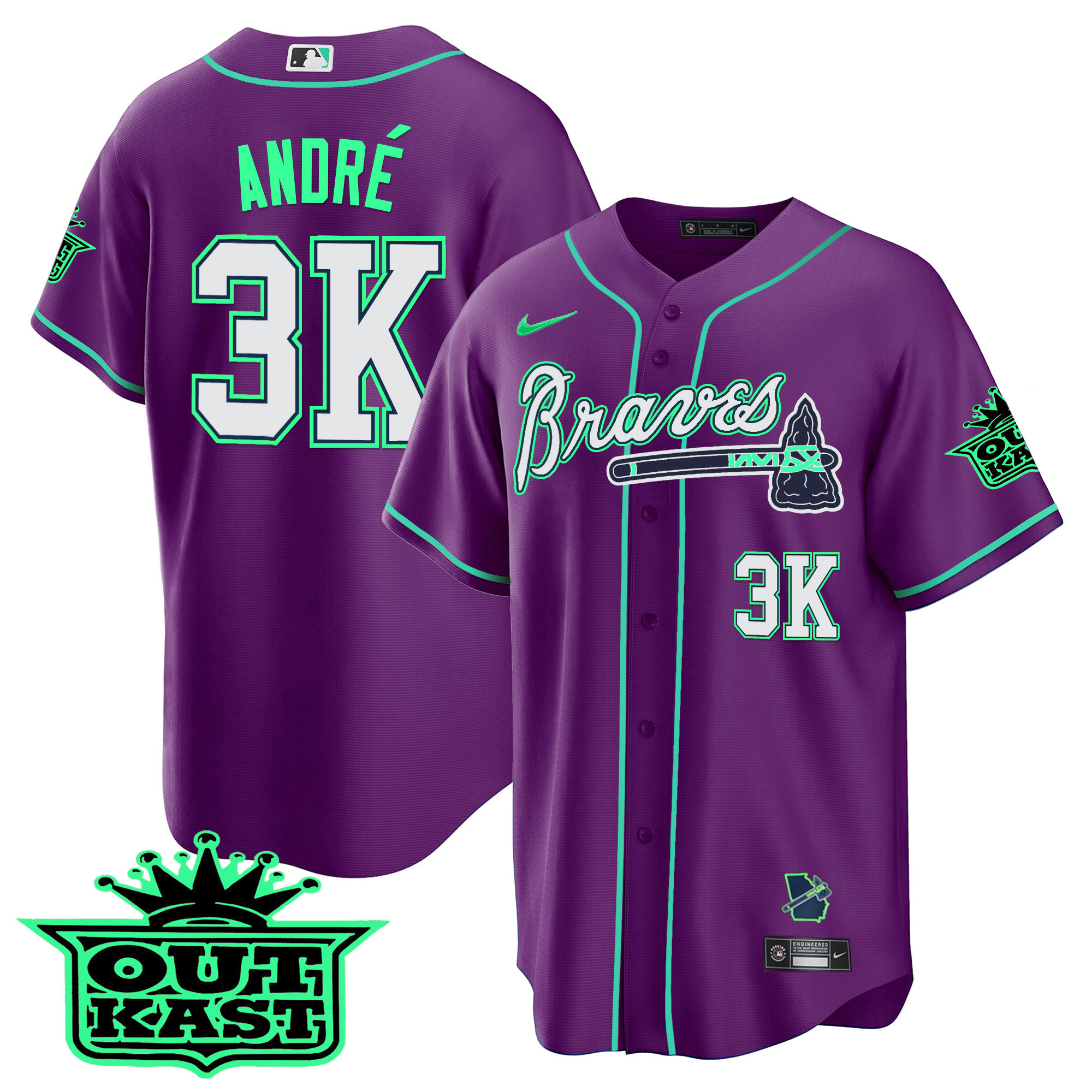 André Men's Atlanta Braves Outkast Cool Base - Galaxy Version Purple Jersey - All Stitched