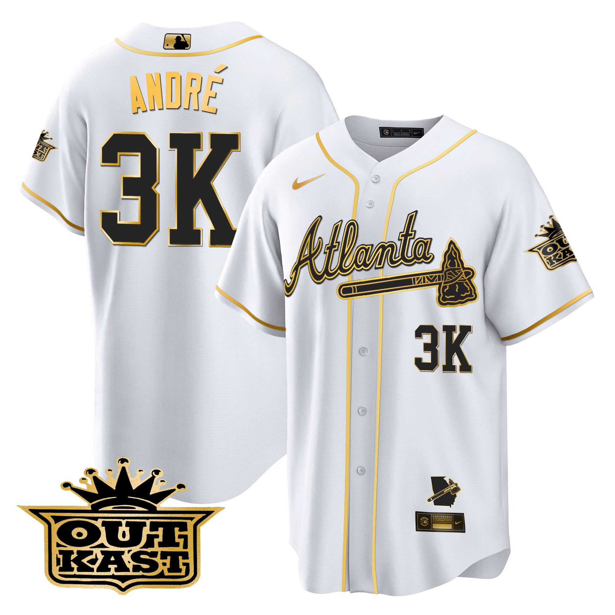 André Men's Atlanta Braves Outkast Cool Base Gold V3 White Gold Jersey - All Stitched