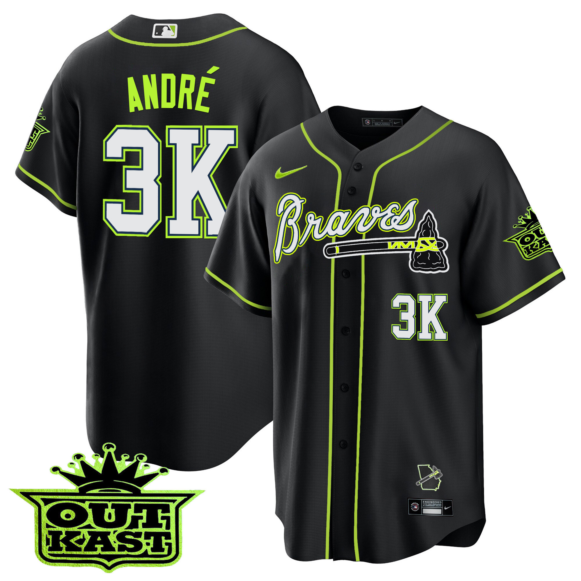 André Men's Atlanta Braves Outkast Cool Base V2 Black Jersey - All Stitched