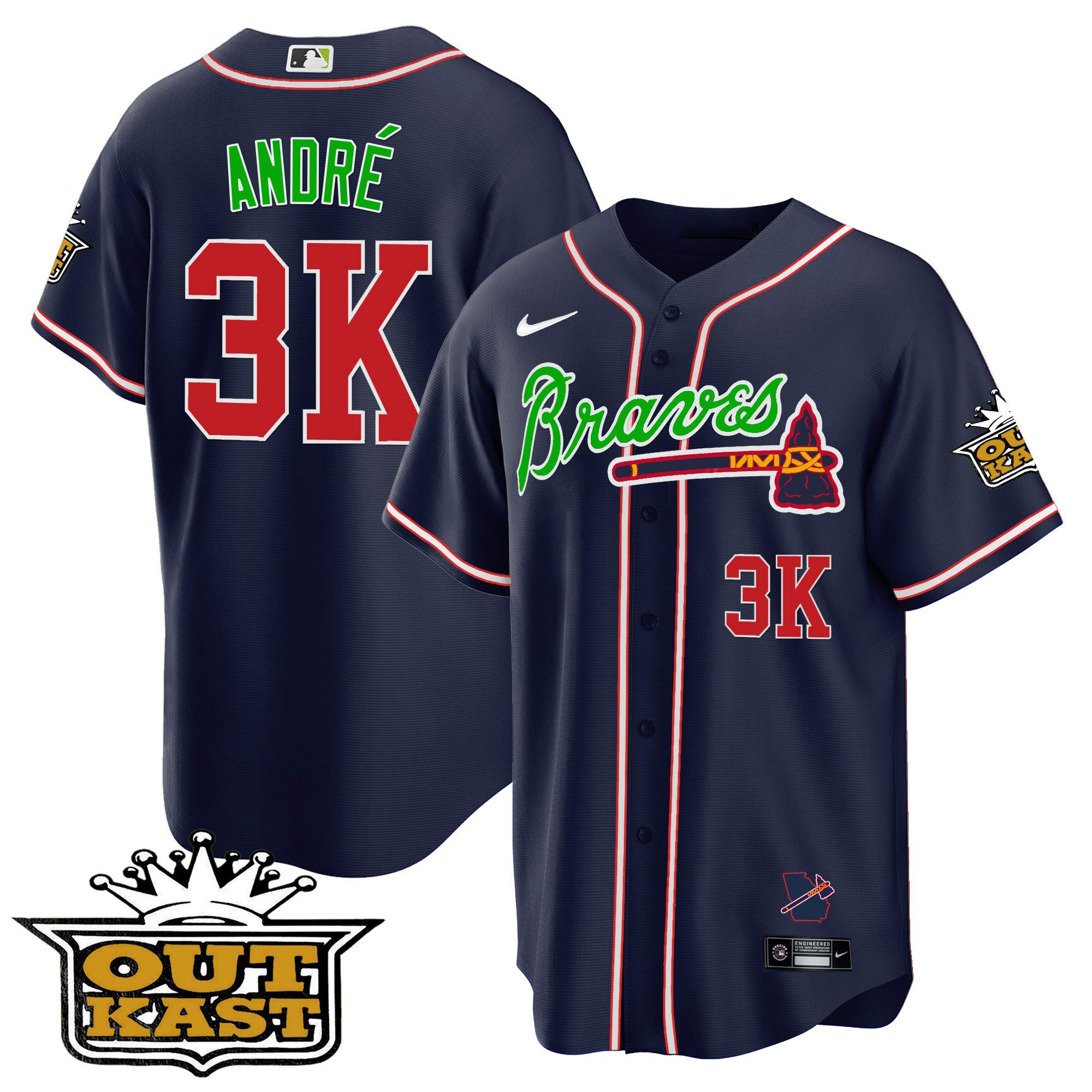 André Men's Atlanta Braves Outkast Cool Base V2 Navy Jersey - All Stitched