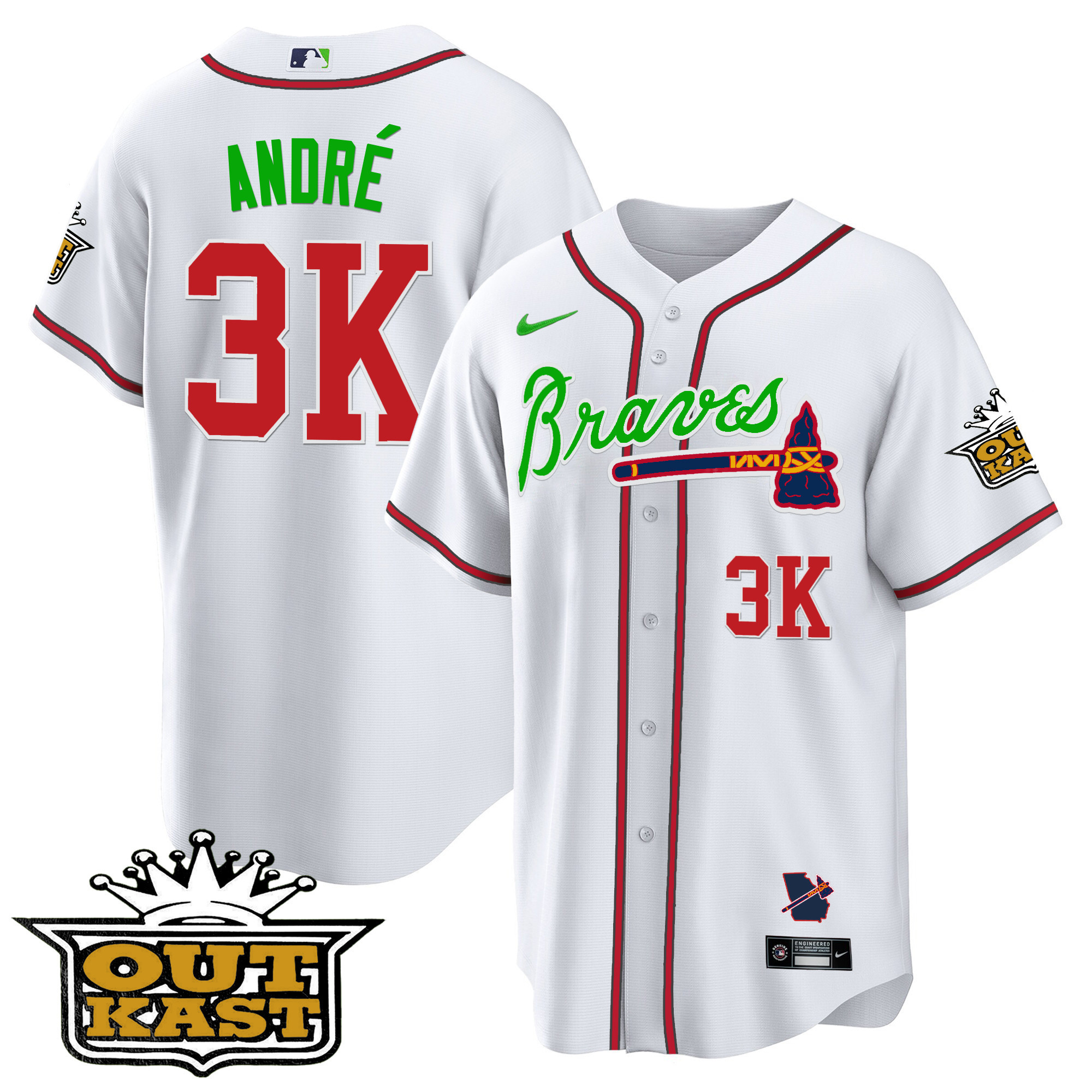 André Men's Atlanta Braves Outkast Cool Base V2 White Jersey - All Stitched