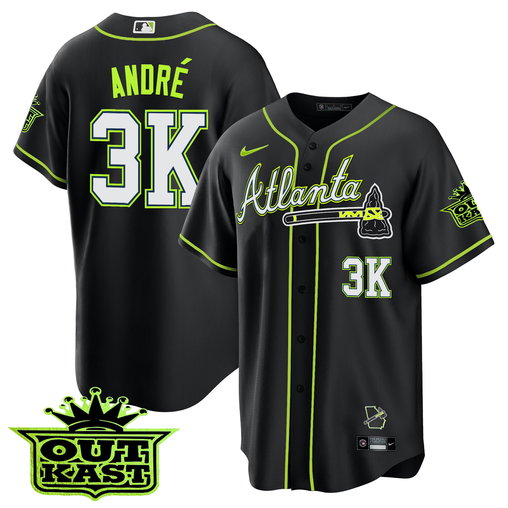 André Men's Atlanta Braves Outkast Cool Base V3 Black Jersey - All Stitched