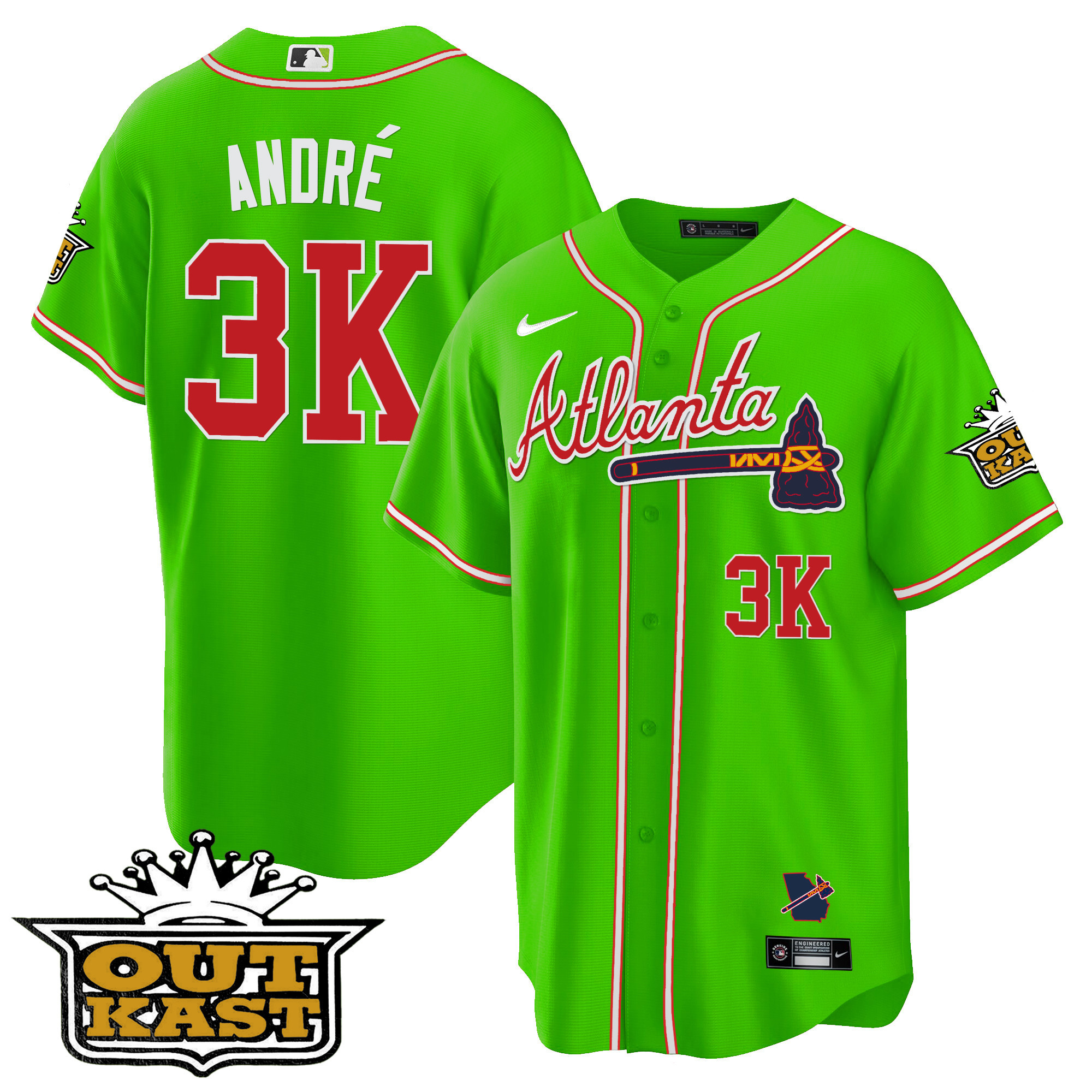 André Men's Atlanta Braves Outkast Cool Base V3 Bright Green Jersey - All Stitched