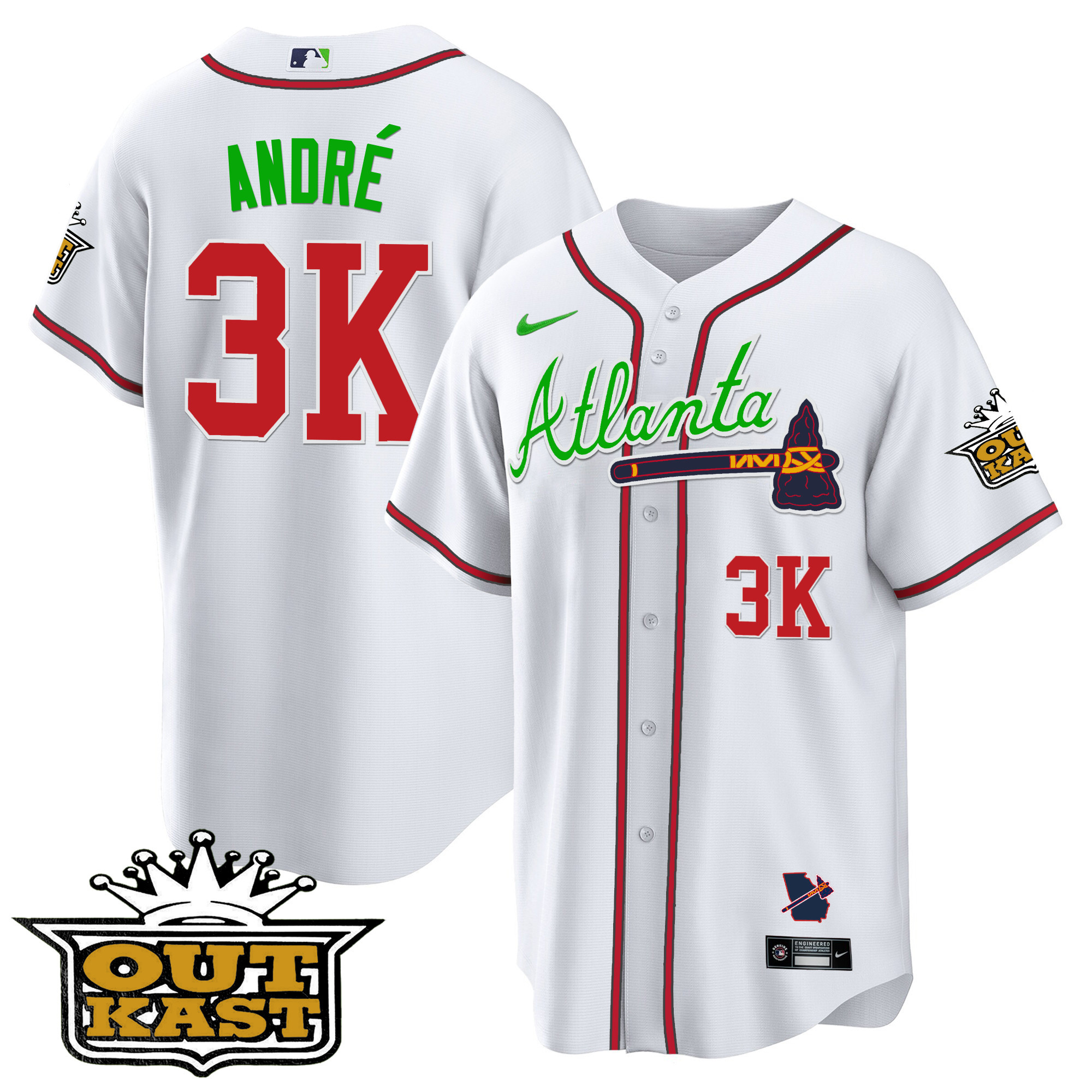 André Men's Atlanta Braves Outkast Cool Base V3 White Jersey - All Stitched