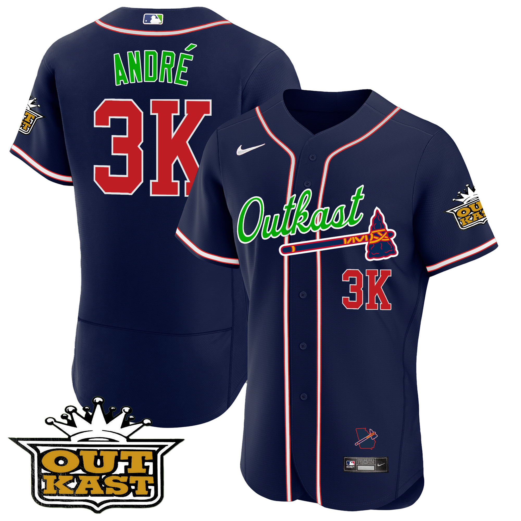 André Men's Atlanta Braves Outkast Flex Base Navy Jersey - All Stitched