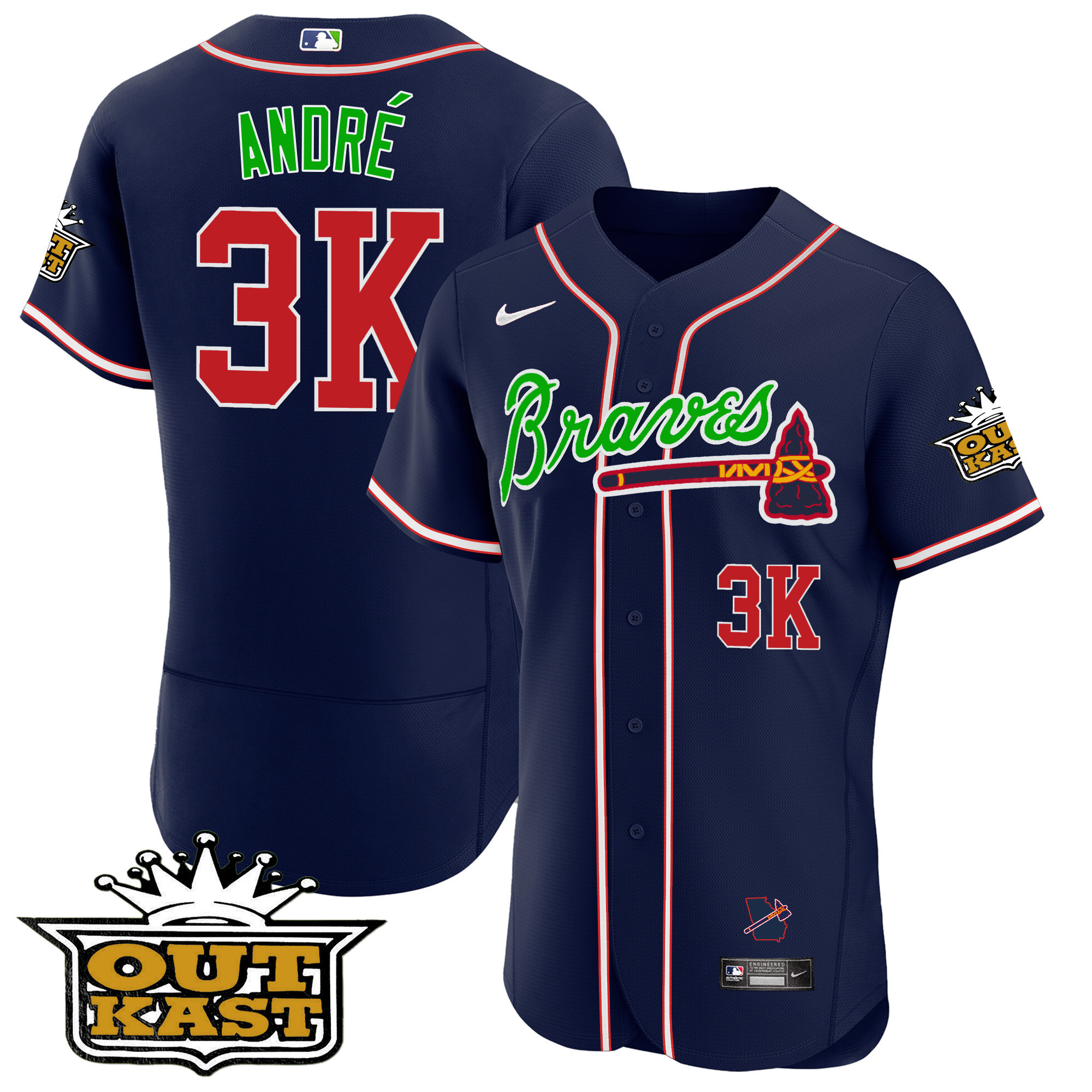 André Men's Atlanta Braves Outkast Flex Base V2 Navy Jersey - All Stitched