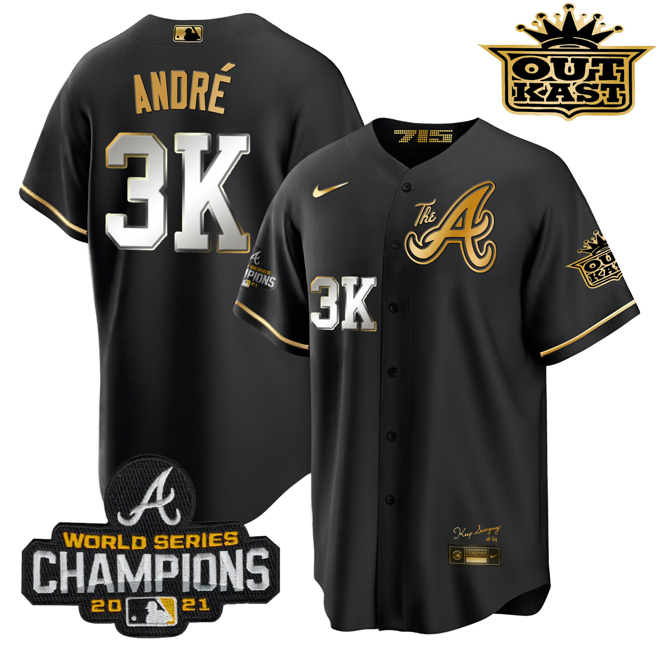 André Men's Atlanta Braves Outkast Gold The A Cool Base Black Gold Jersey - All Stitched
