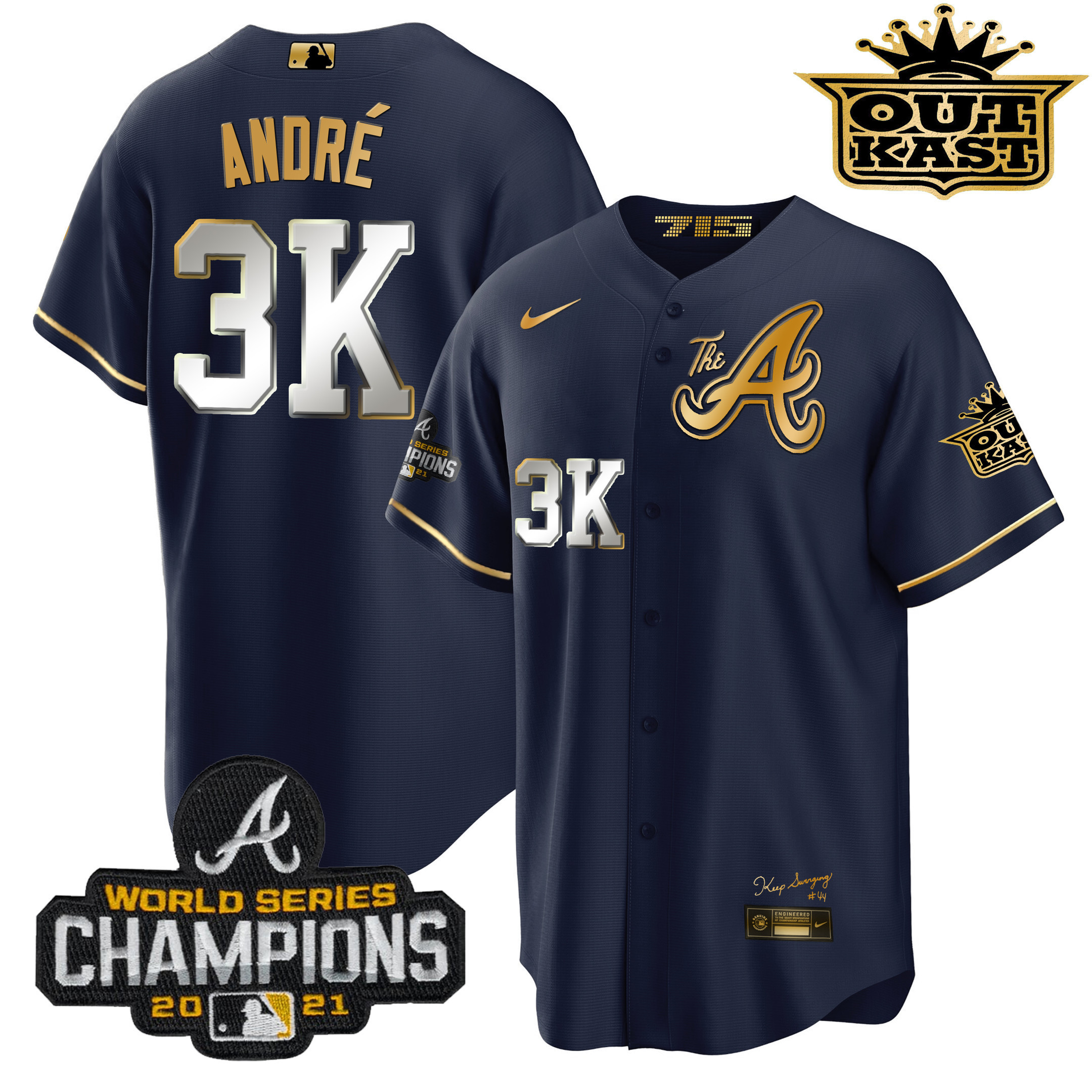 André Men's Atlanta Braves Outkast Gold The A Cool Base Navy Gold Jersey - All Stitched