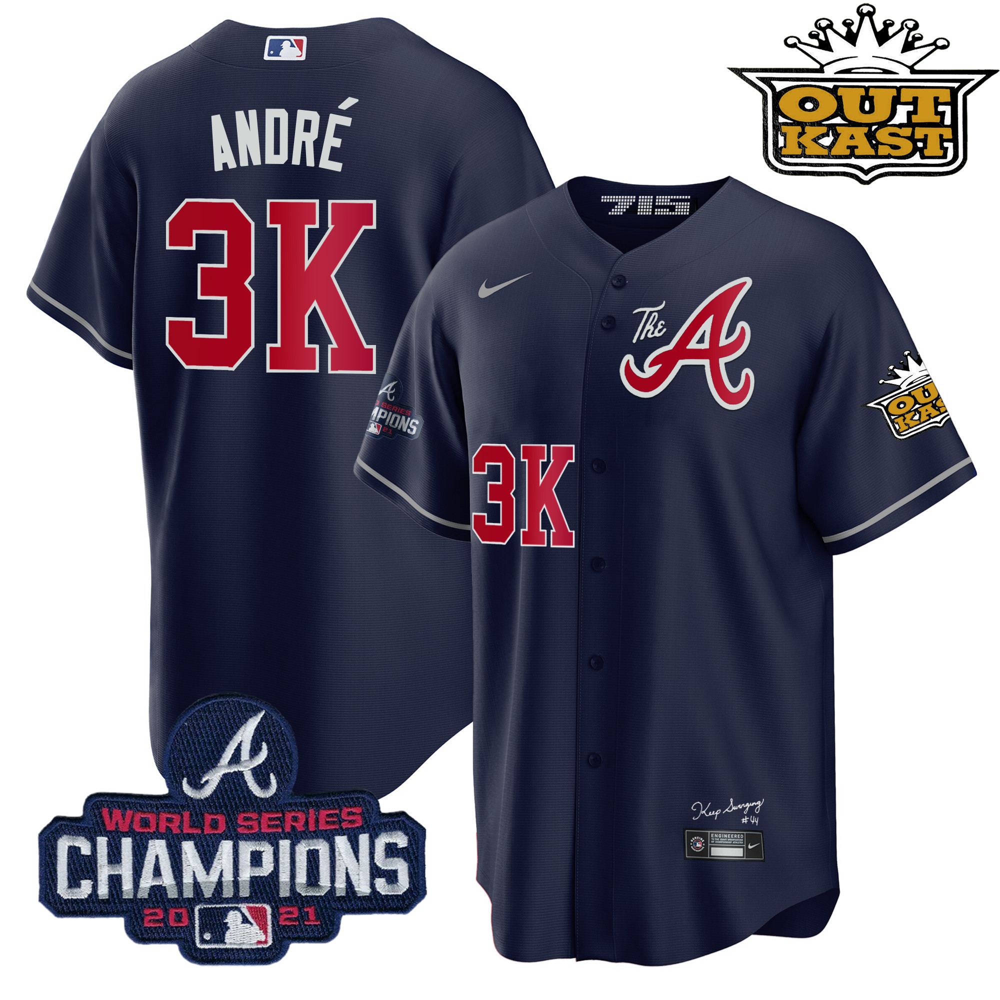André Men's Atlanta Braves Outkast Gold The A Cool Base Navy Jersey - All Stitched