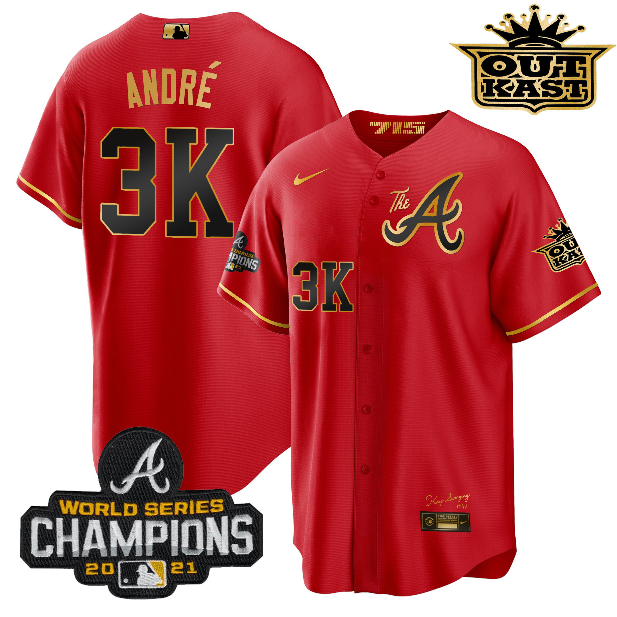 André Men's Atlanta Braves Outkast Gold The A Cool Base Red Gold Jersey - All Stitched