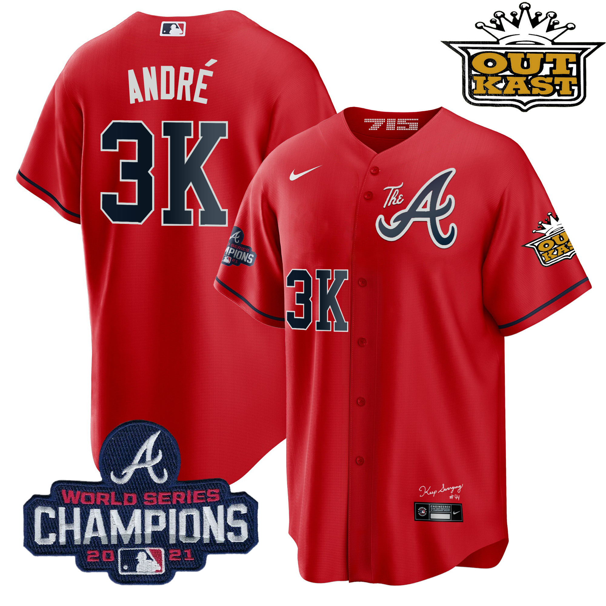 André Men's Atlanta Braves Outkast Gold The A Cool Base Red Jersey - All Stitched