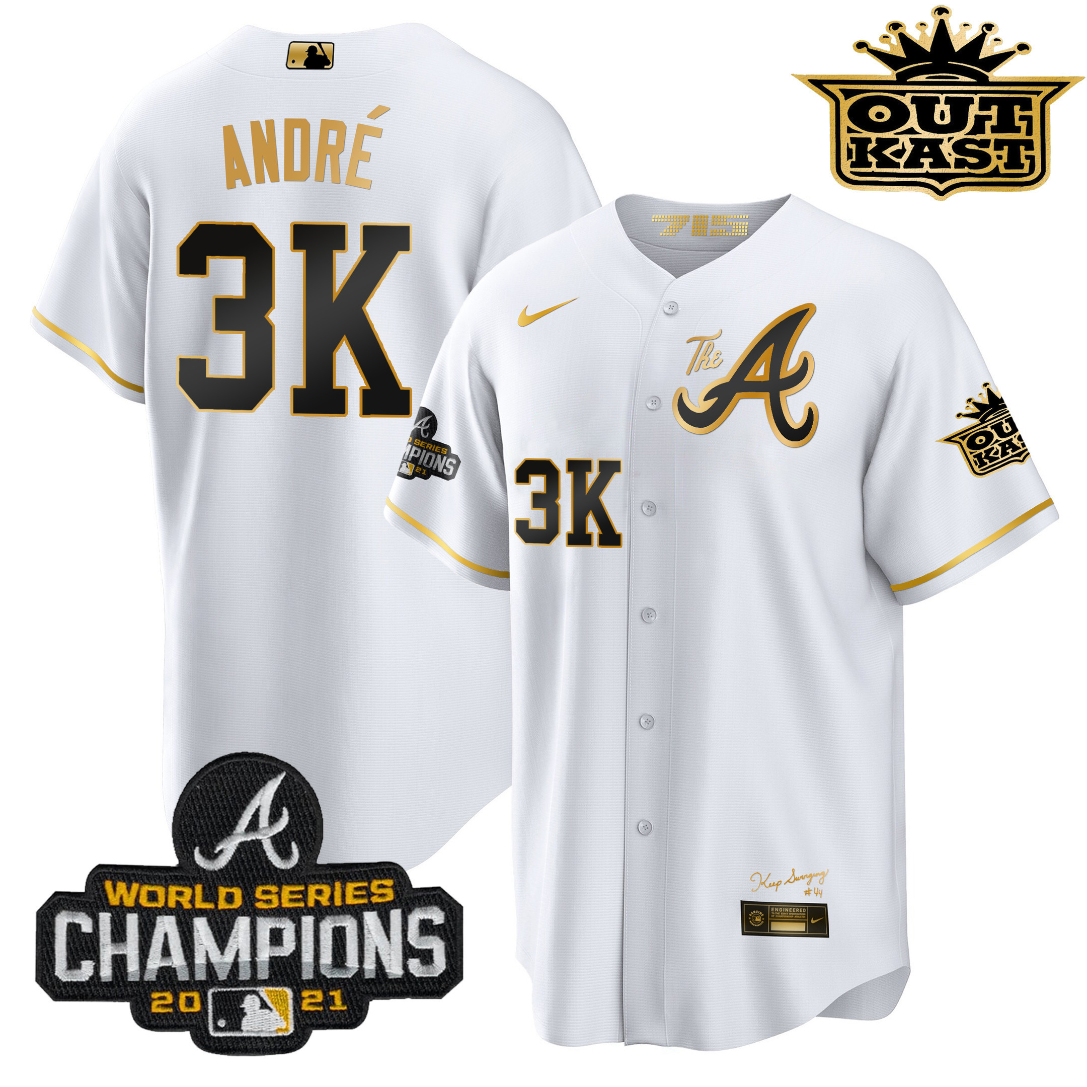André Men's Atlanta Braves Outkast Gold The A Cool Base White Gold Jersey - All Stitched