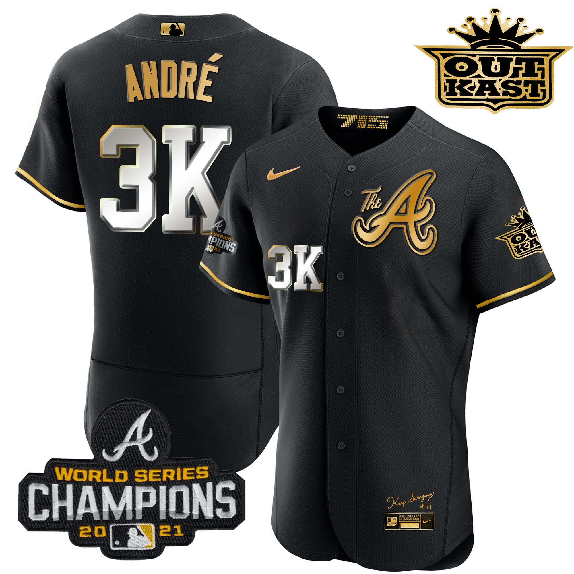 André Men's Atlanta Braves Outkast Gold The A Flex Base Black Gold Jersey - All Stitched