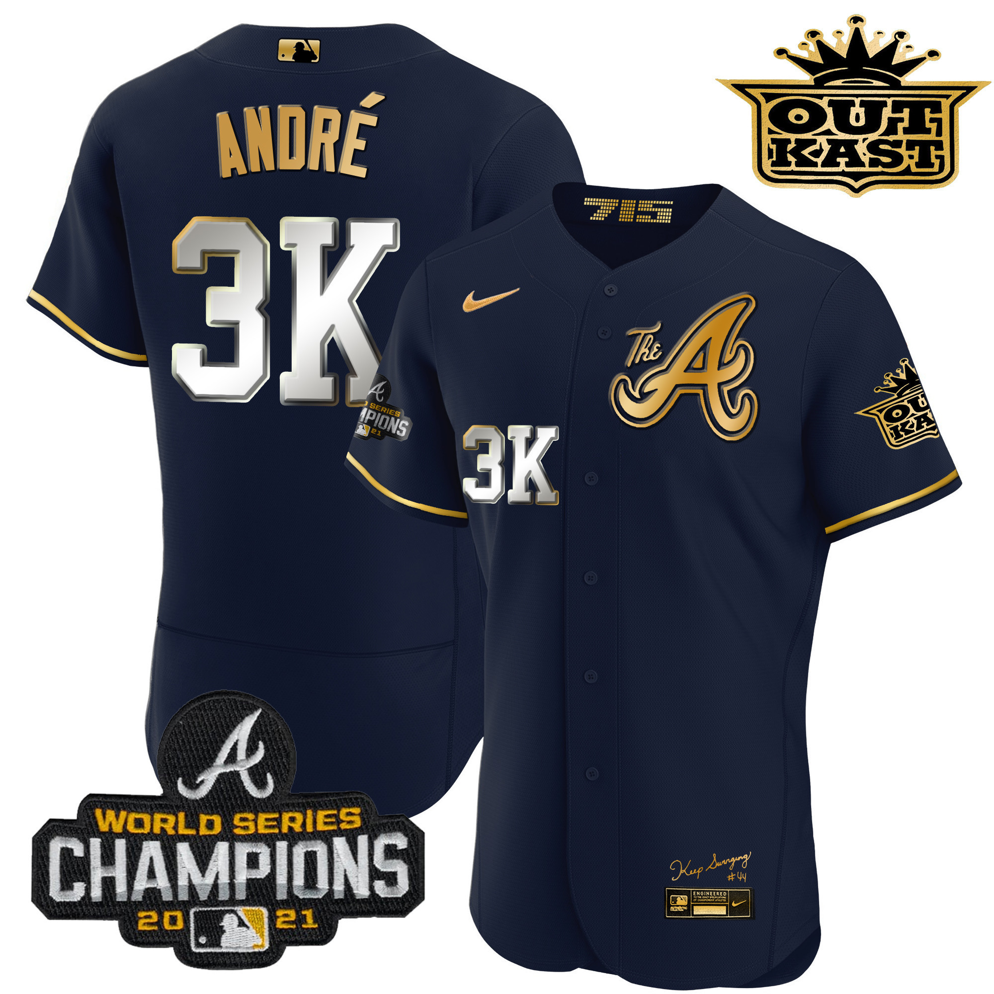 André Men's Atlanta Braves Outkast Gold The A Flex Base Navy Gold Jersey - All Stitched