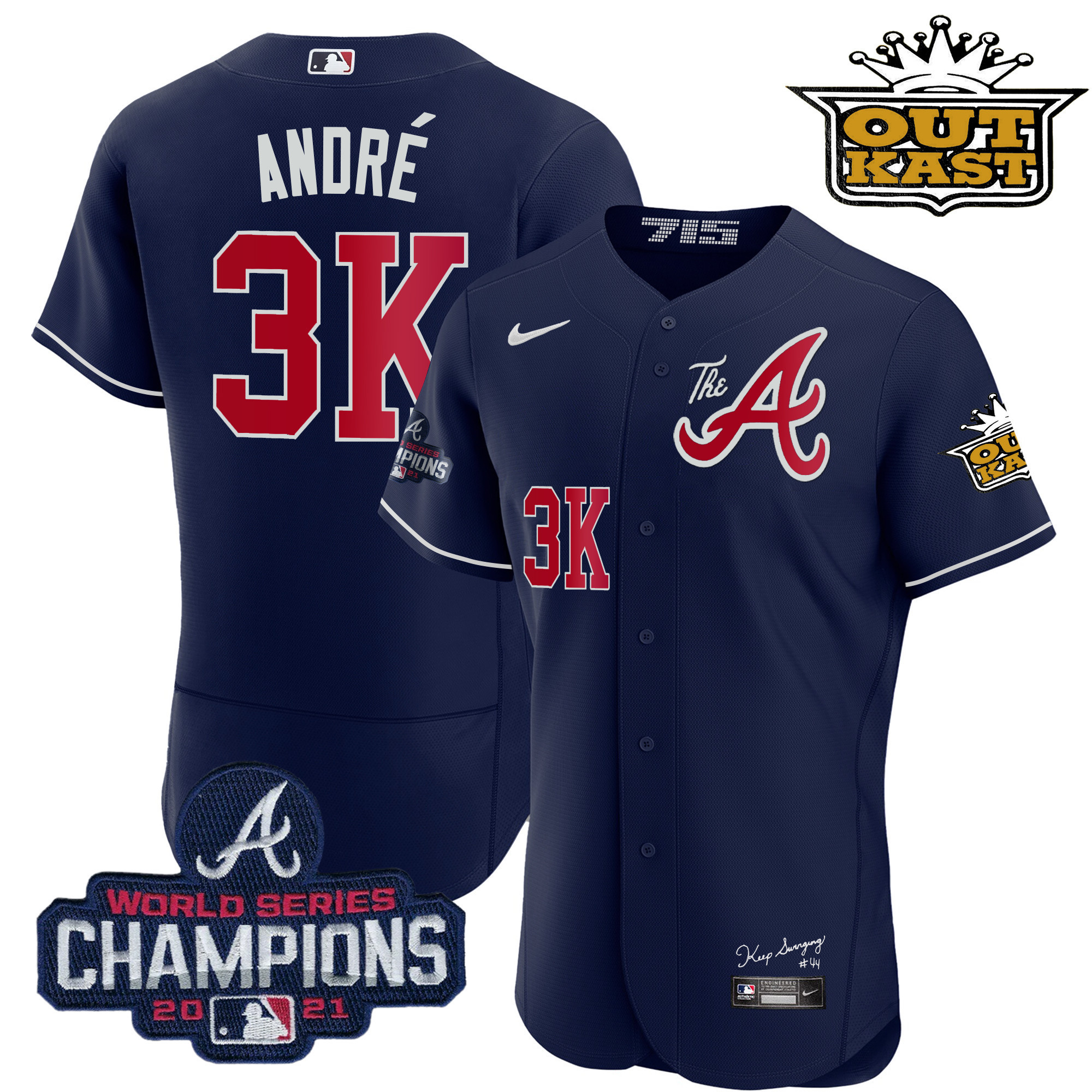 André Men's Atlanta Braves Outkast Gold The A Flex Base Navy Jersey - All Stitched