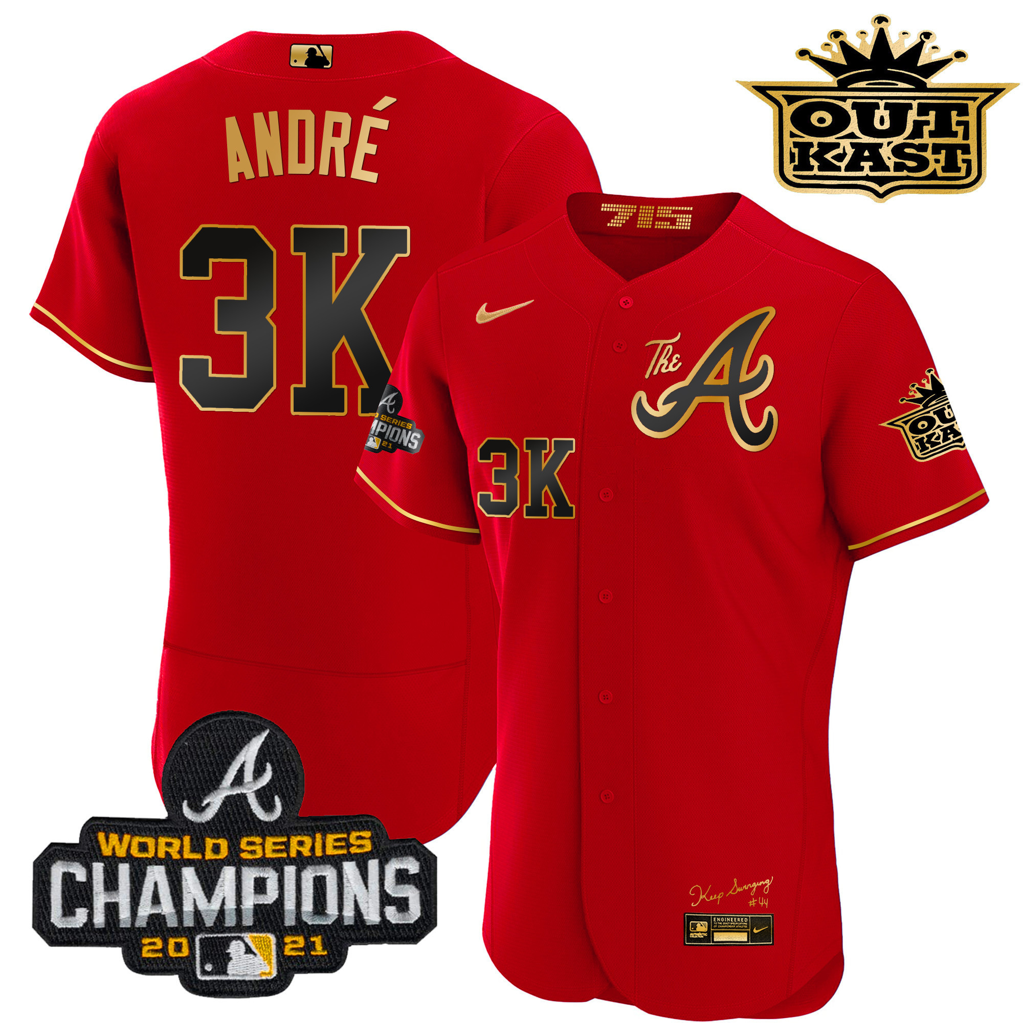 André Men's Atlanta Braves Outkast Gold The A Flex Base Red Gold Jersey - All Stitched