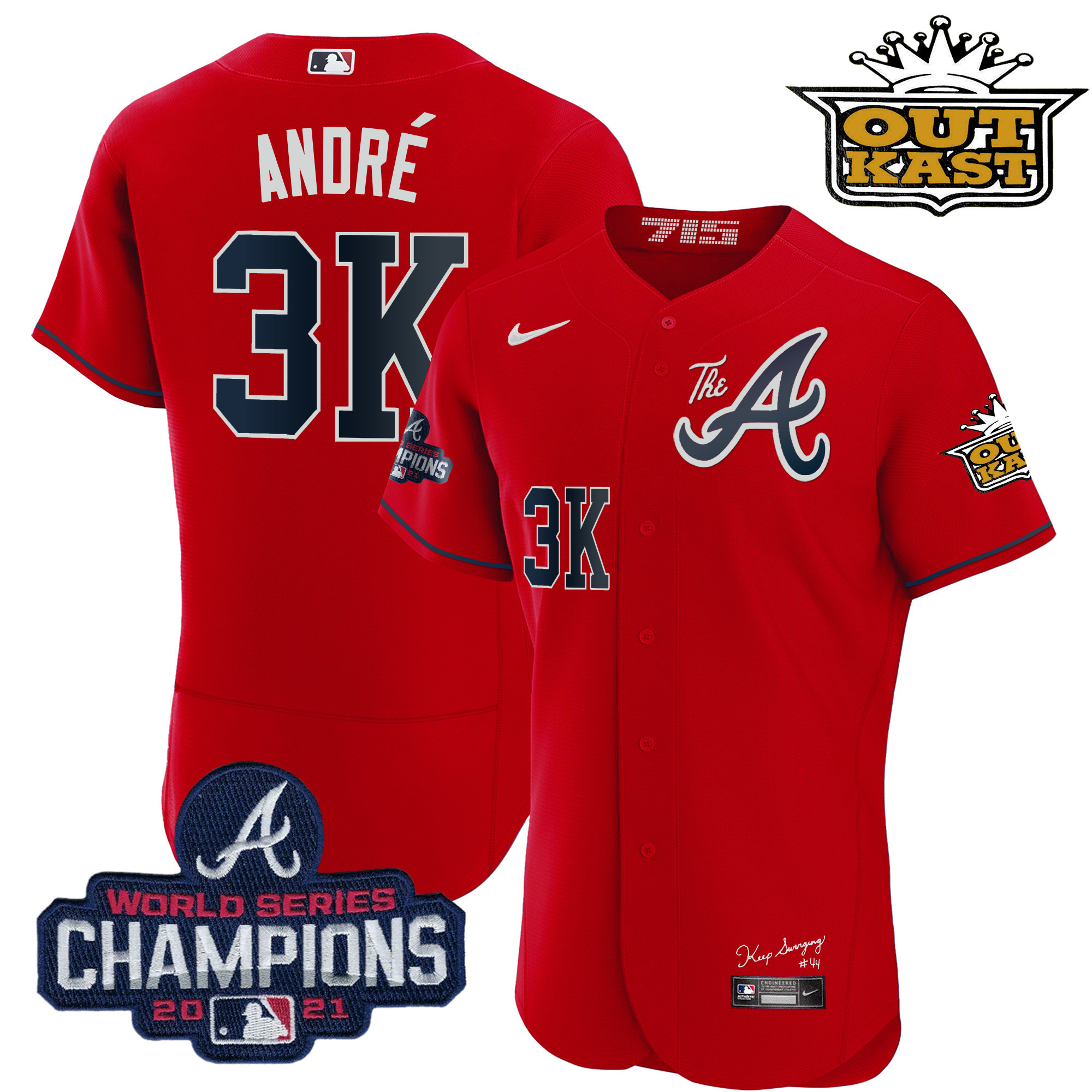 André Men's Atlanta Braves Outkast Gold The A Flex Base Red Jersey - All Stitched