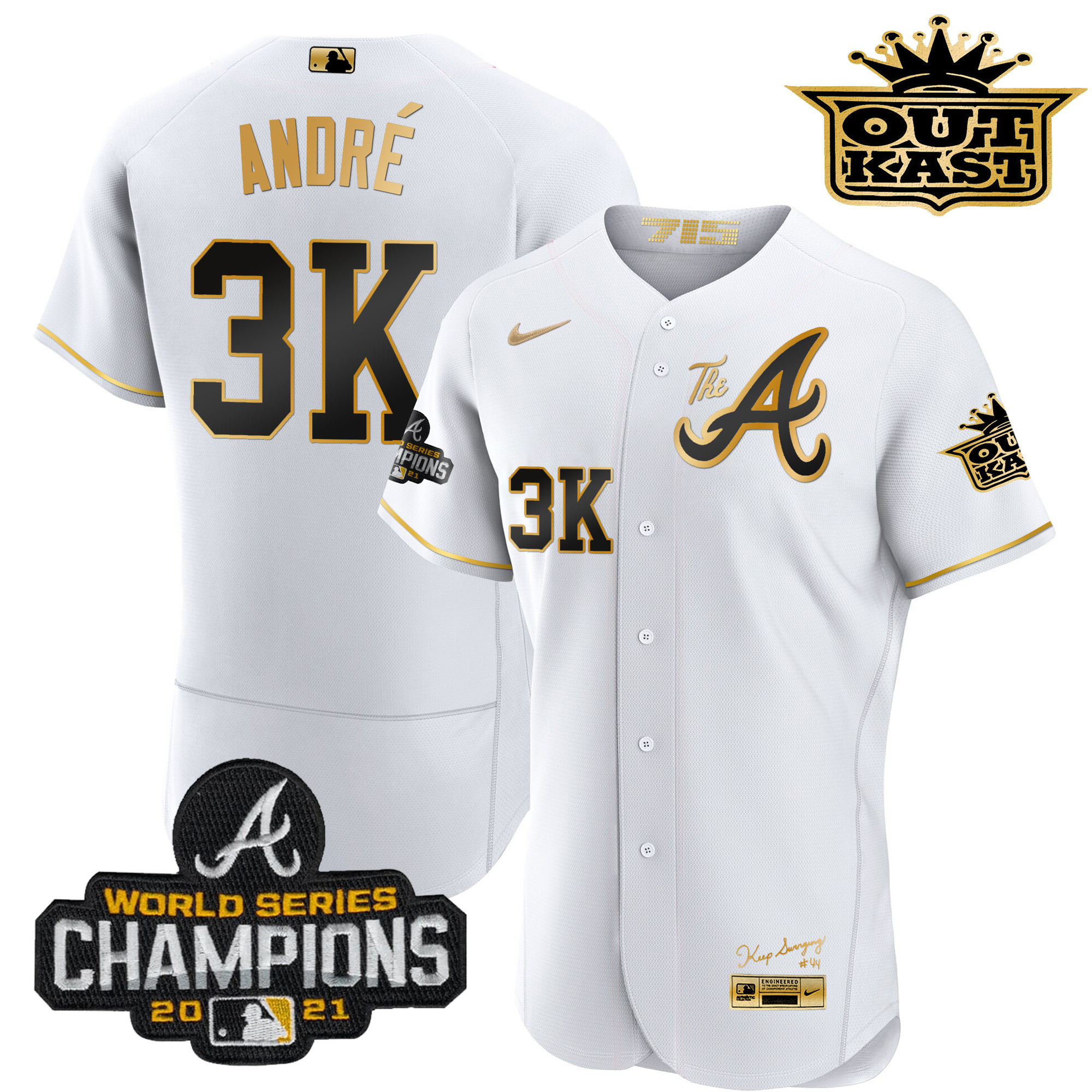 André Men's Atlanta Braves Outkast Gold The A Flex Base White Gold Jersey - All Stitched