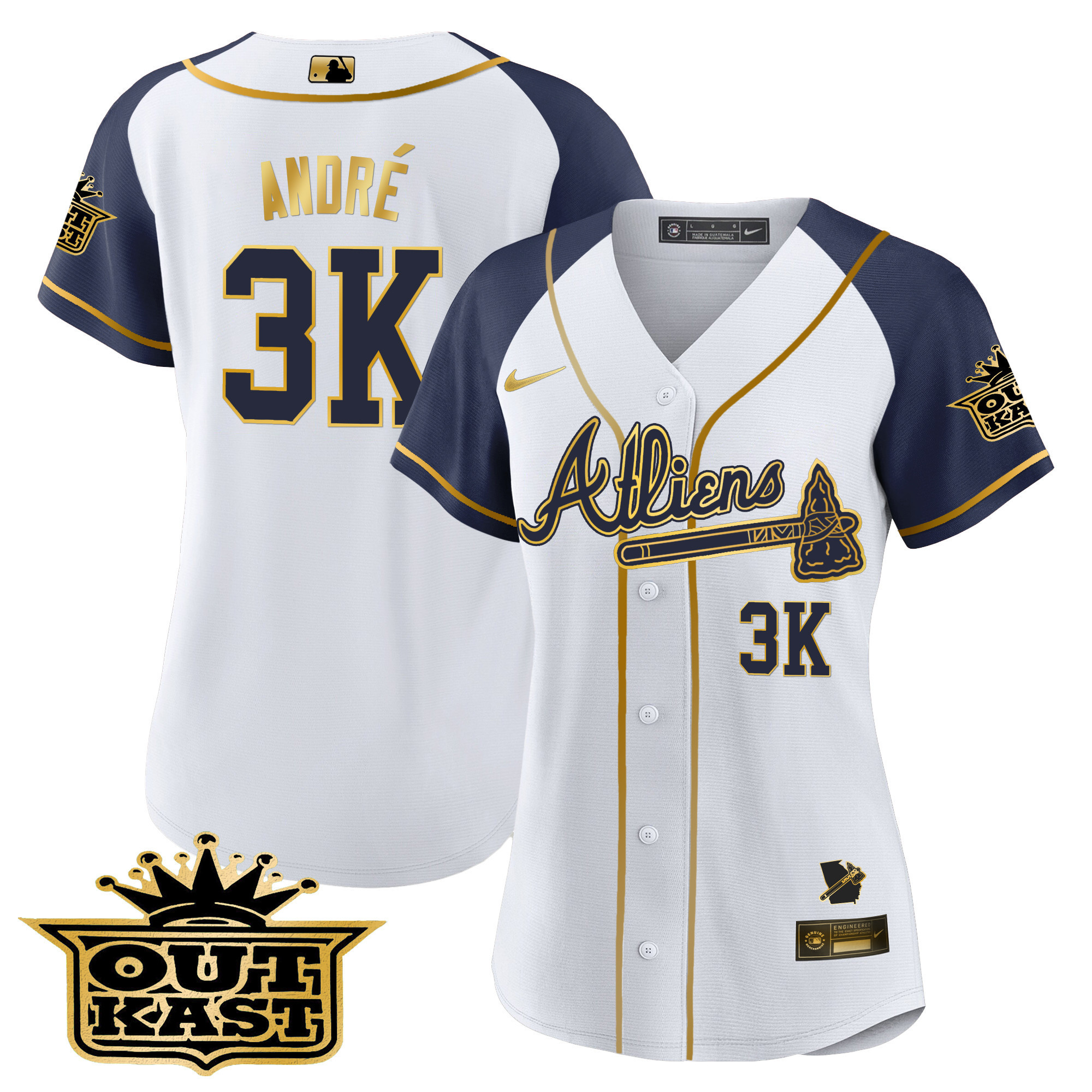 André Women's Atlanta Braves Atliens Gold Alternate Baseball White Navy Jersey - All Stitched