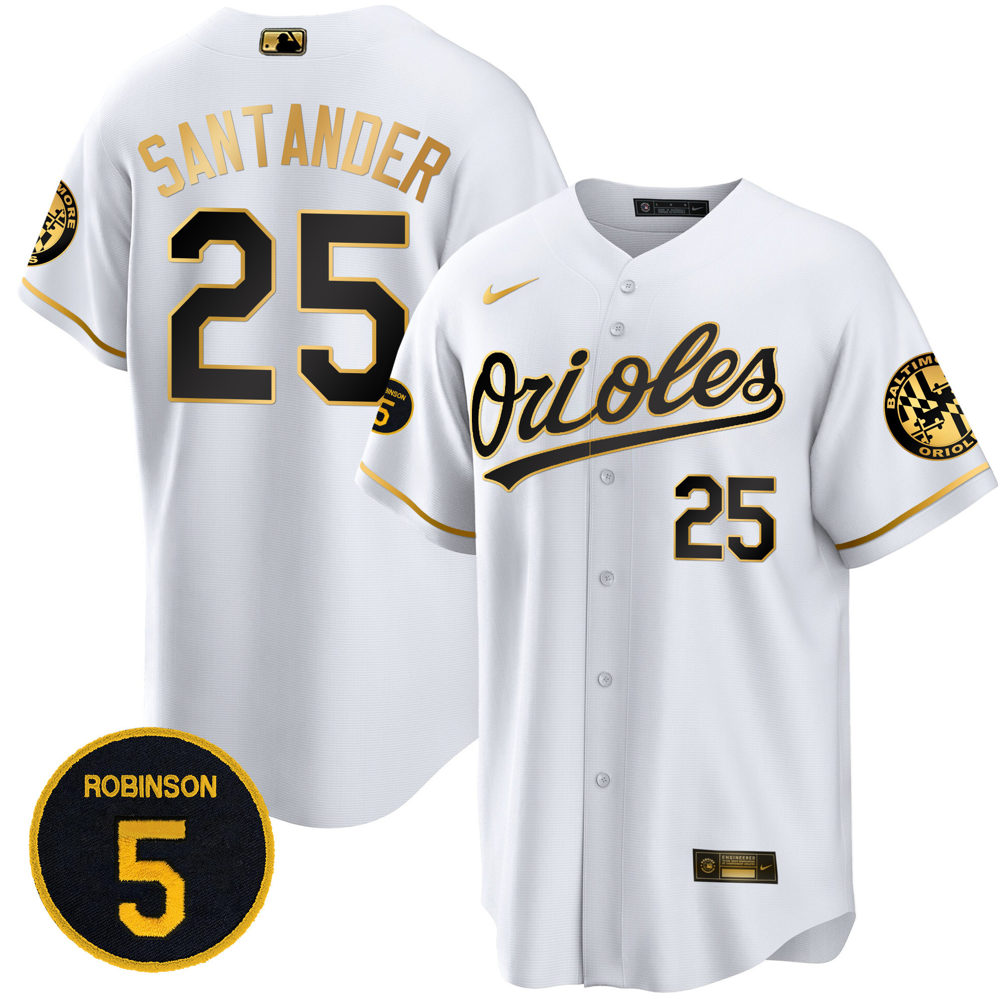 Anthony Santander Men’s Baltimore Orioles Robinson Patch Cool Base White Gold Jersey - All Stitched