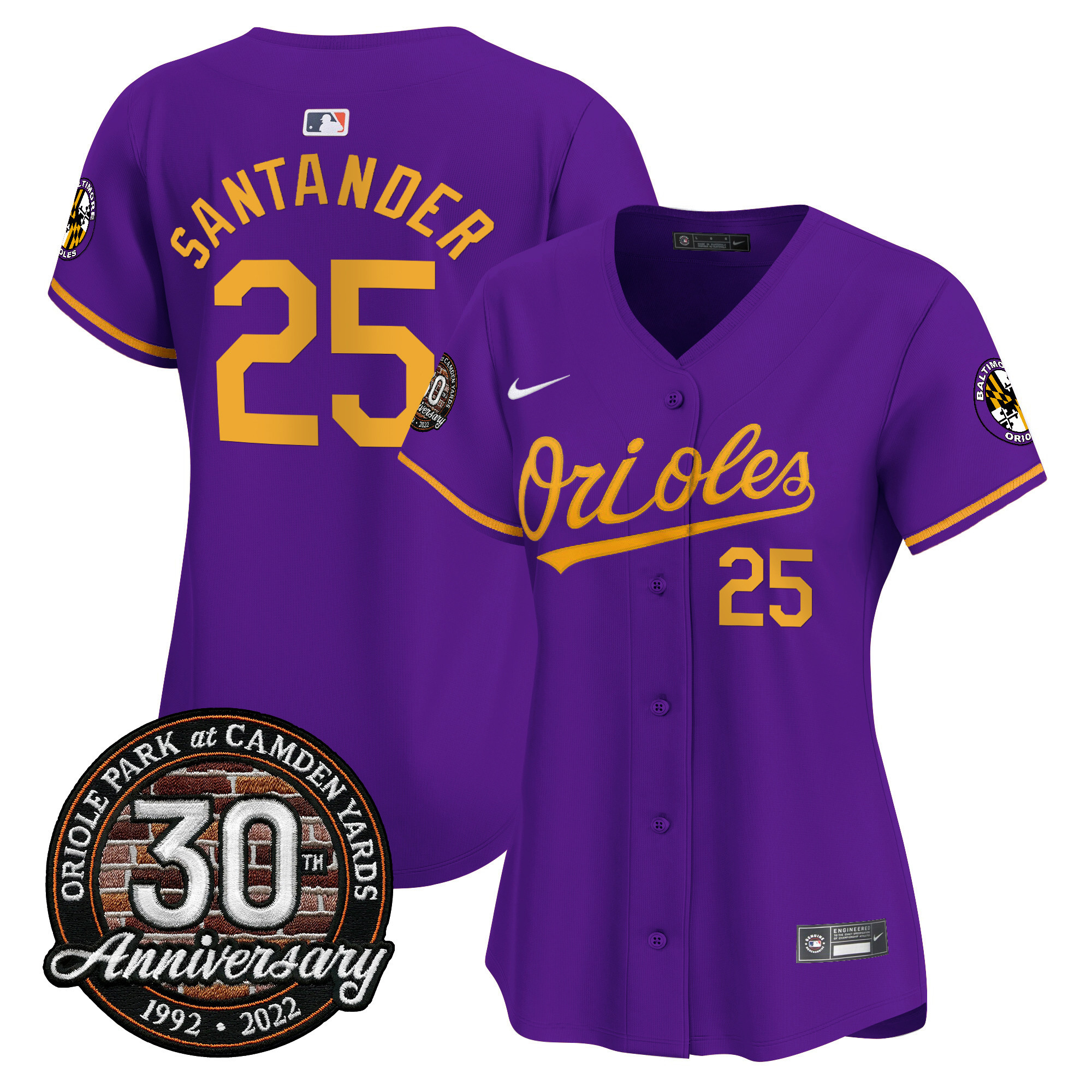 Anthony Santander Women’s Baltimore Orioles Camden Yards 30th Anniversary Patch Vapor Premier Limited Purple Gold Jersey - All Stitched