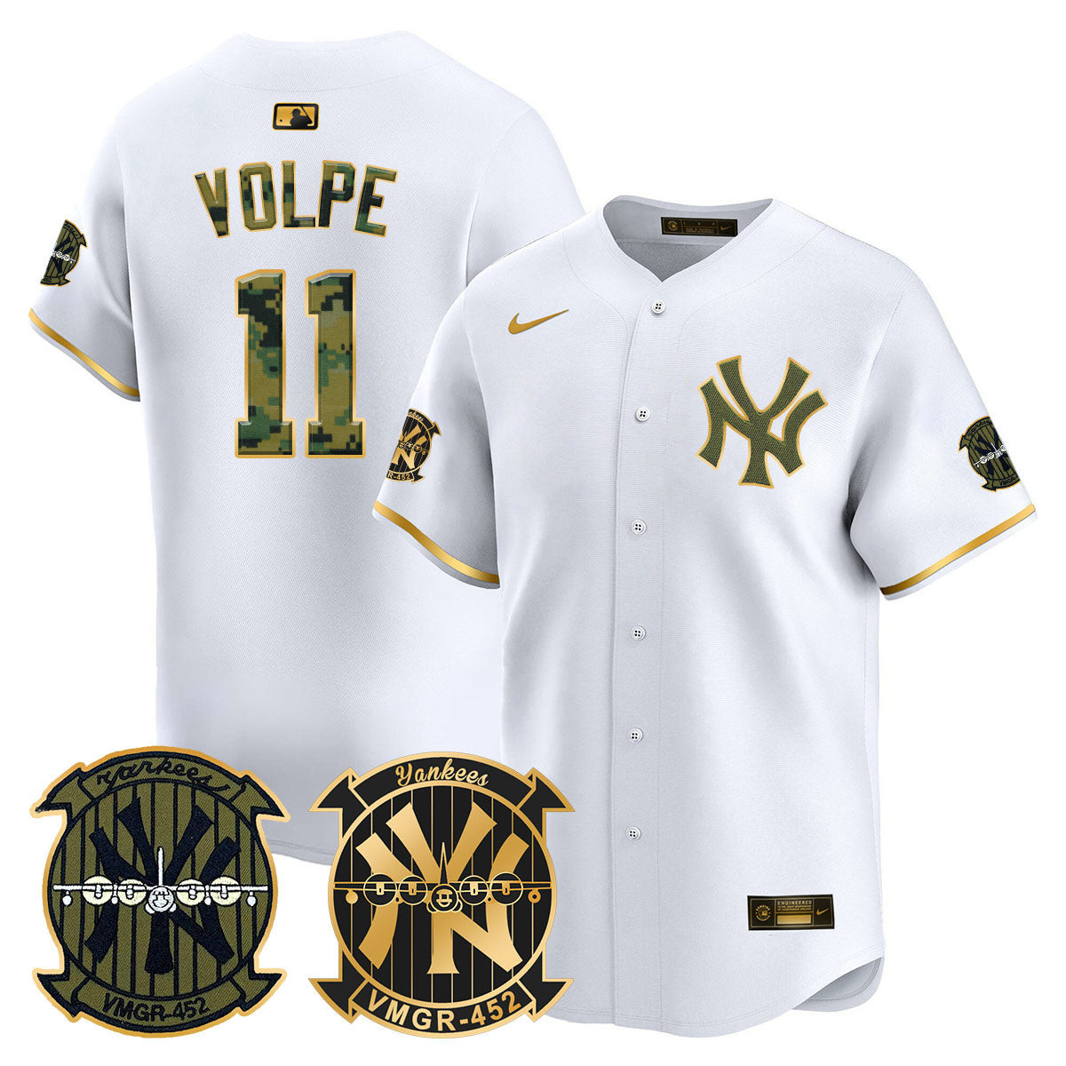 Anthony Volpe Men's New York Yankees Woodland USMC Alternate Vapor Premier Limited White Gold Jersey