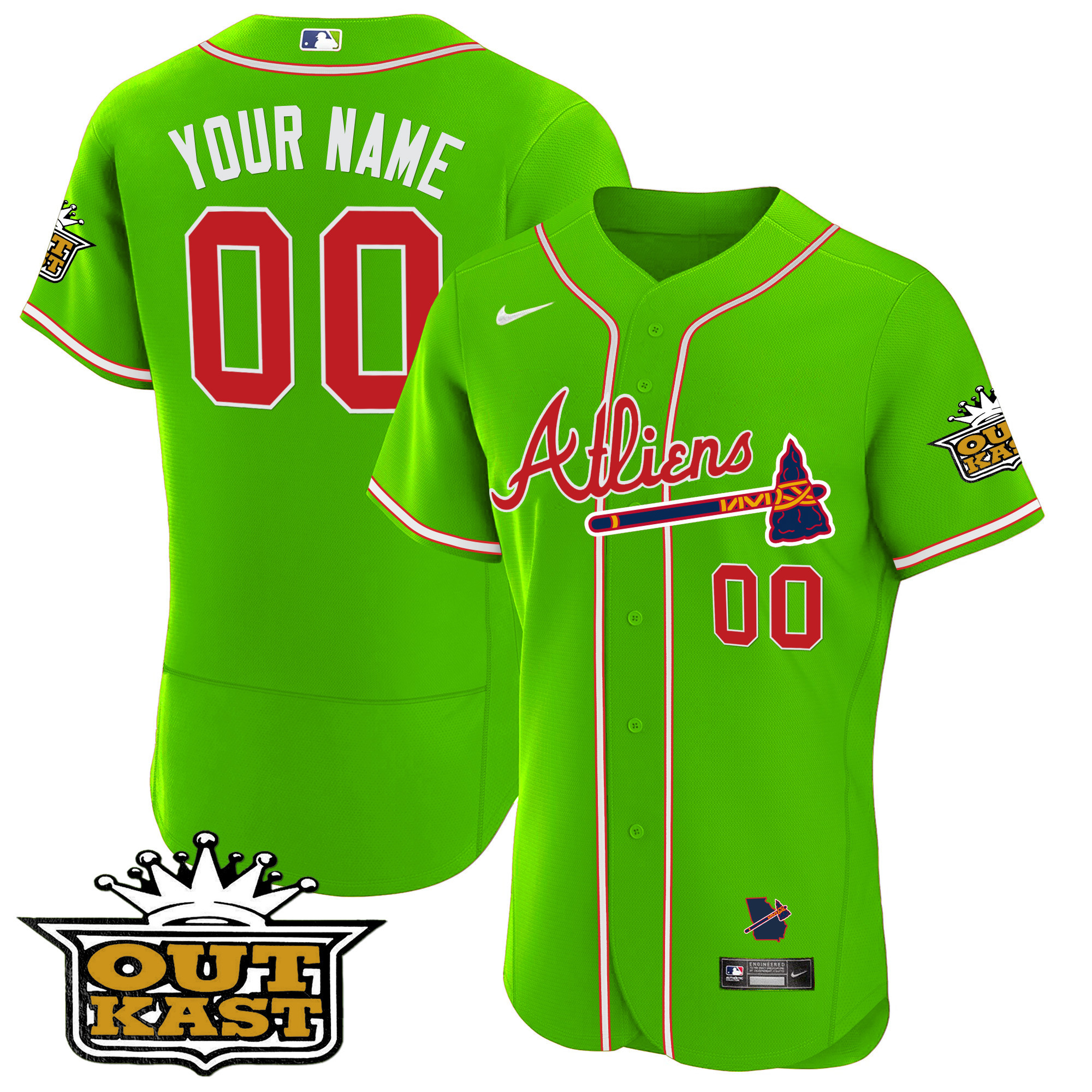 Atlanta Braves Atliens Flex Base Custom Bright Green Jersey - All Stitched